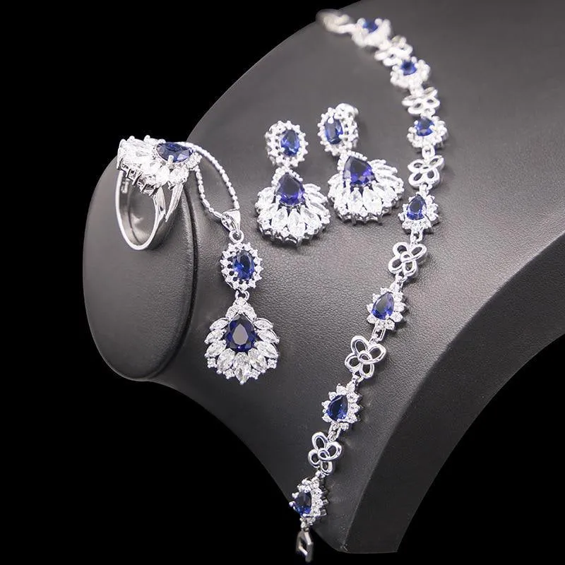 Excellent Silver 925 Blue Sapphire Necklace Earrings Ring Pendant Bracelet Jewelry Sets