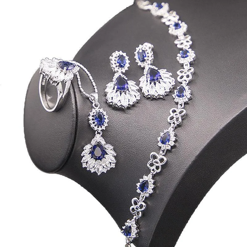 Excellent Silver 925 Blue Sapphire Necklace Earrings Ring Pendant Bracelet Jewelry Sets