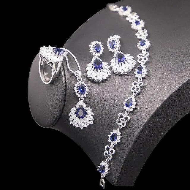 Excellent Silver 925 Blue Sapphire Necklace Earrings Ring Pendant Bracelet Jewelry Sets