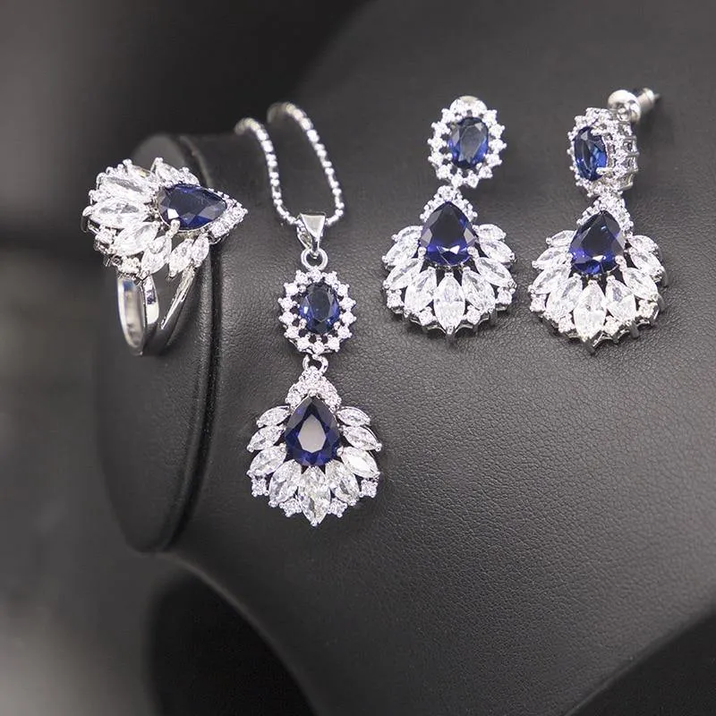 Excellent Silver 925 Blue Sapphire Necklace Earrings Ring Pendant Bracelet Jewelry Sets