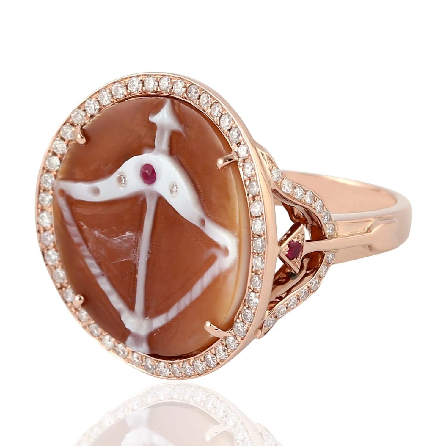 Faceted Ruby Pave Diamond Shelll Cameos Archery 18k Rose Gold Ring For Women