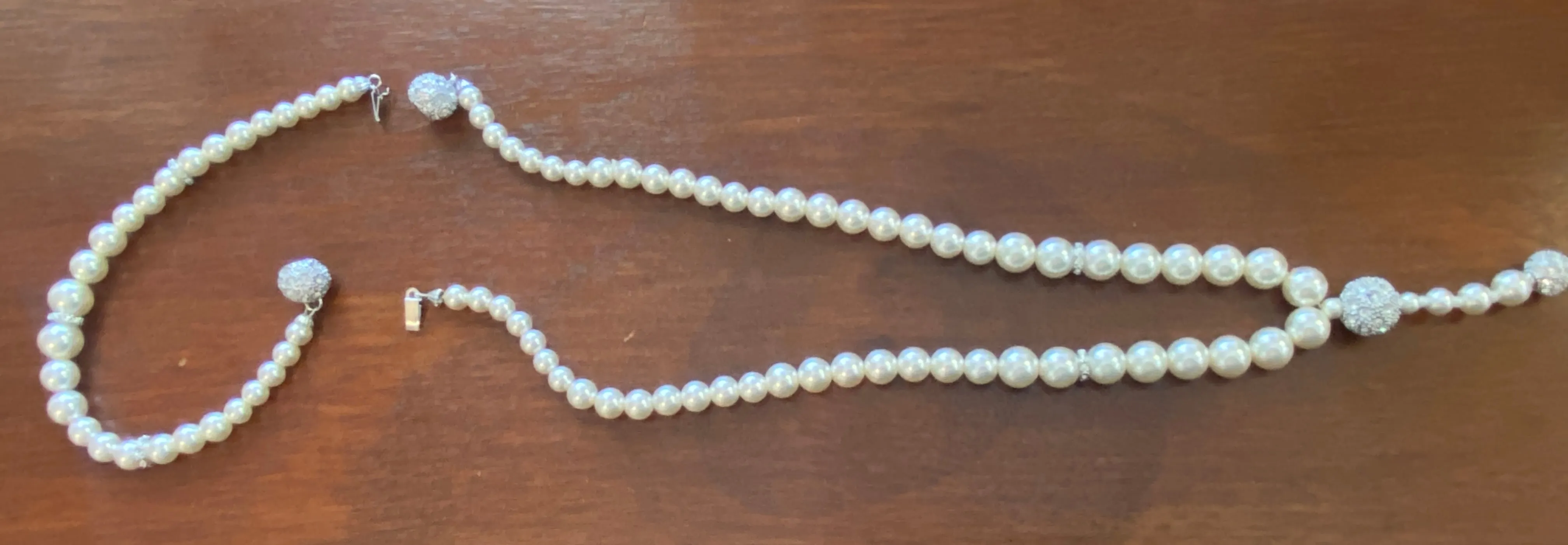 Faux Pearl Silver Rhinestone Bead Jewelry Set Necklace Bracelet