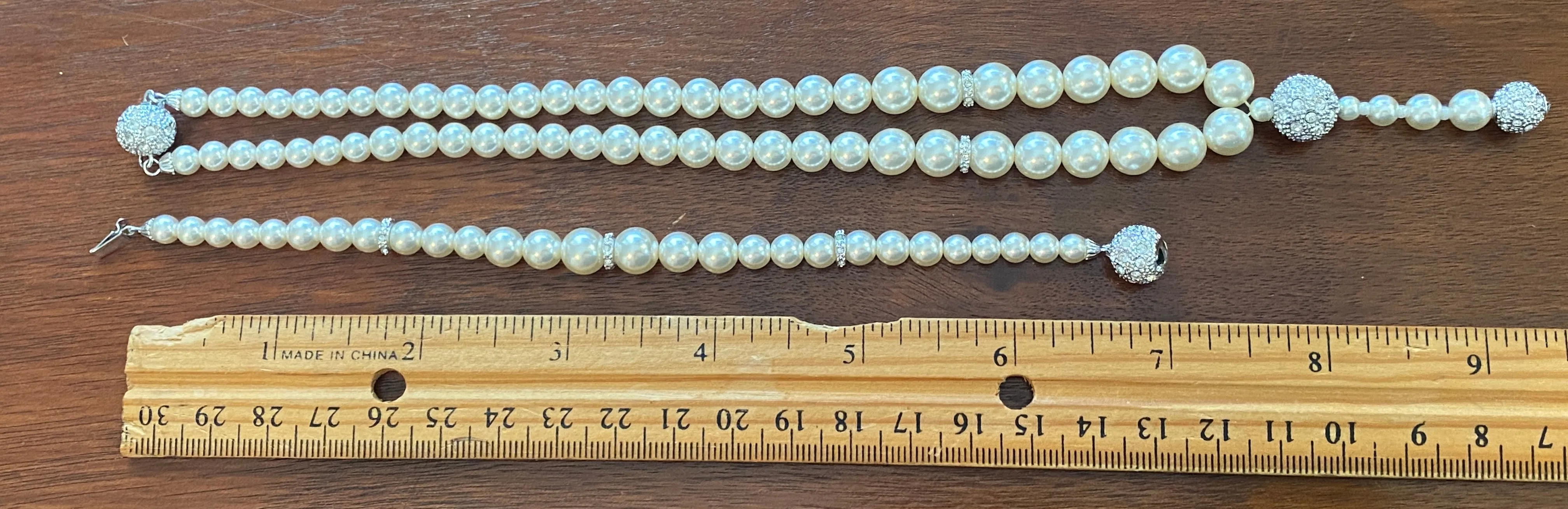 Faux Pearl Silver Rhinestone Bead Jewelry Set Necklace Bracelet