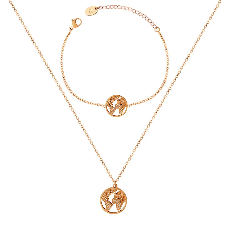 French Elegance Jewelry Set with Zircon Map Necklace, Rose Gold Finish - Ideal for Valentine's Day Gift