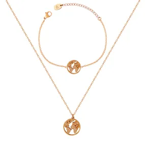 French Elegance Jewelry Set with Zircon Map Necklace, Rose Gold Finish - Ideal for Valentine's Day Gift