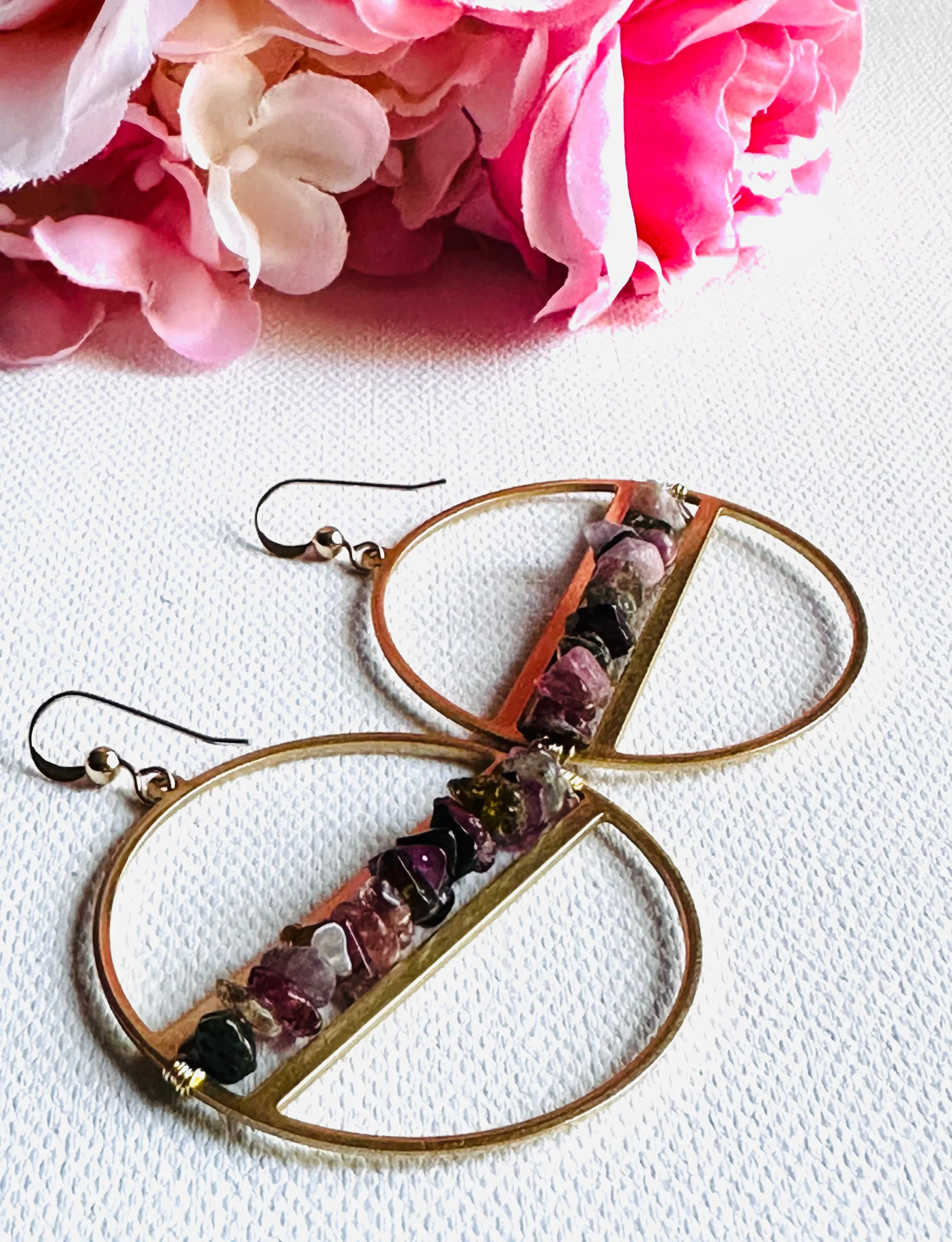 Gemstone Hoops, Brass Ring Hoops, Brass Earrings