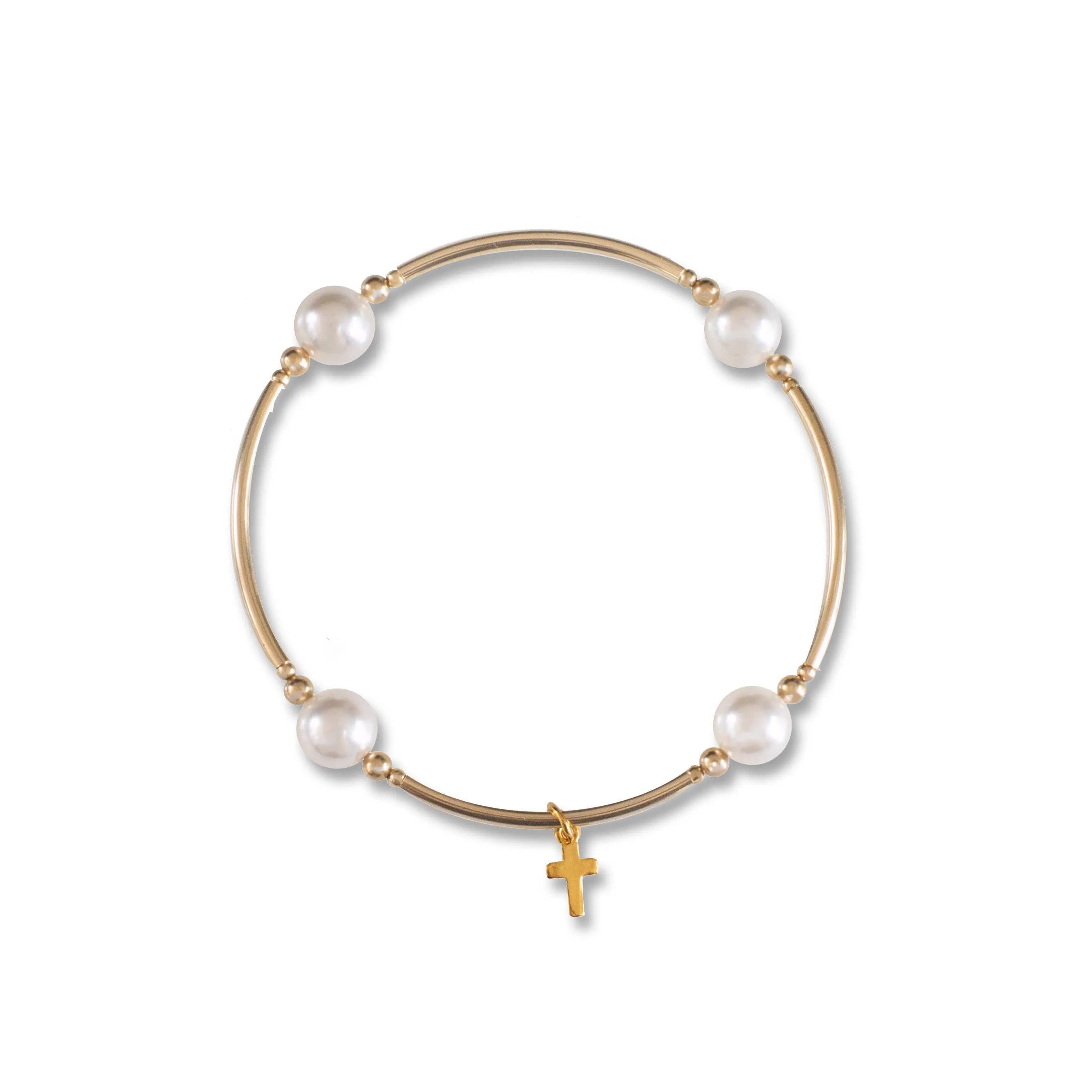 Gold Cross Charm White Pearl 8mm Blessing Bracelet Small