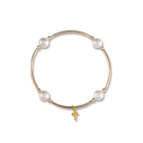 Gold Cross Charm White Pearl 8mm Blessing Bracelet Small