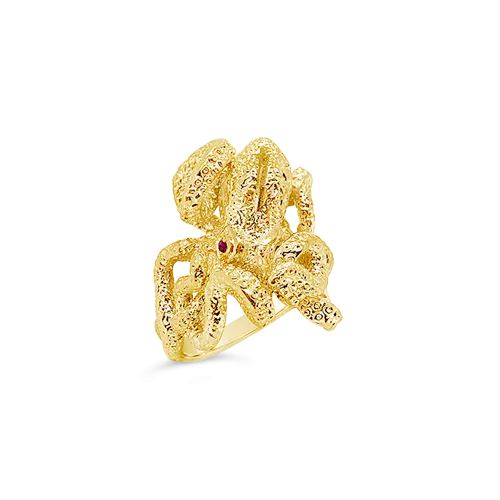 Gold Octopus Ring with Ruby Eyes