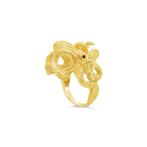 Gold Octopus Ring with Ruby Eyes