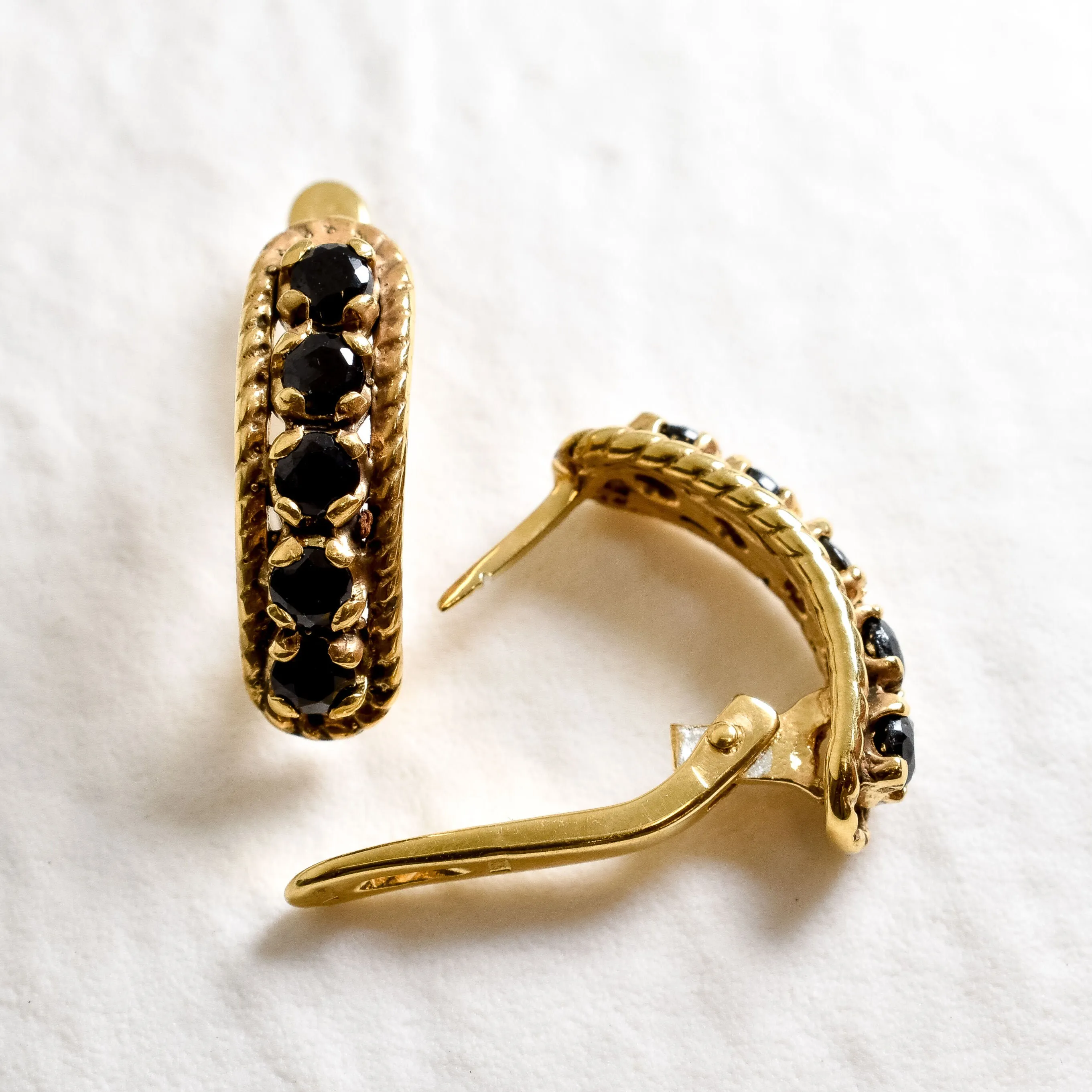 Gold Onyx Hoops - Black Half Hoops - Gold Vintage Earrings