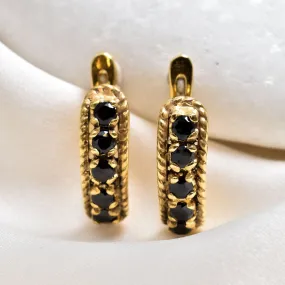 Gold Onyx Hoops - Black Half Hoops - Gold Vintage Earrings