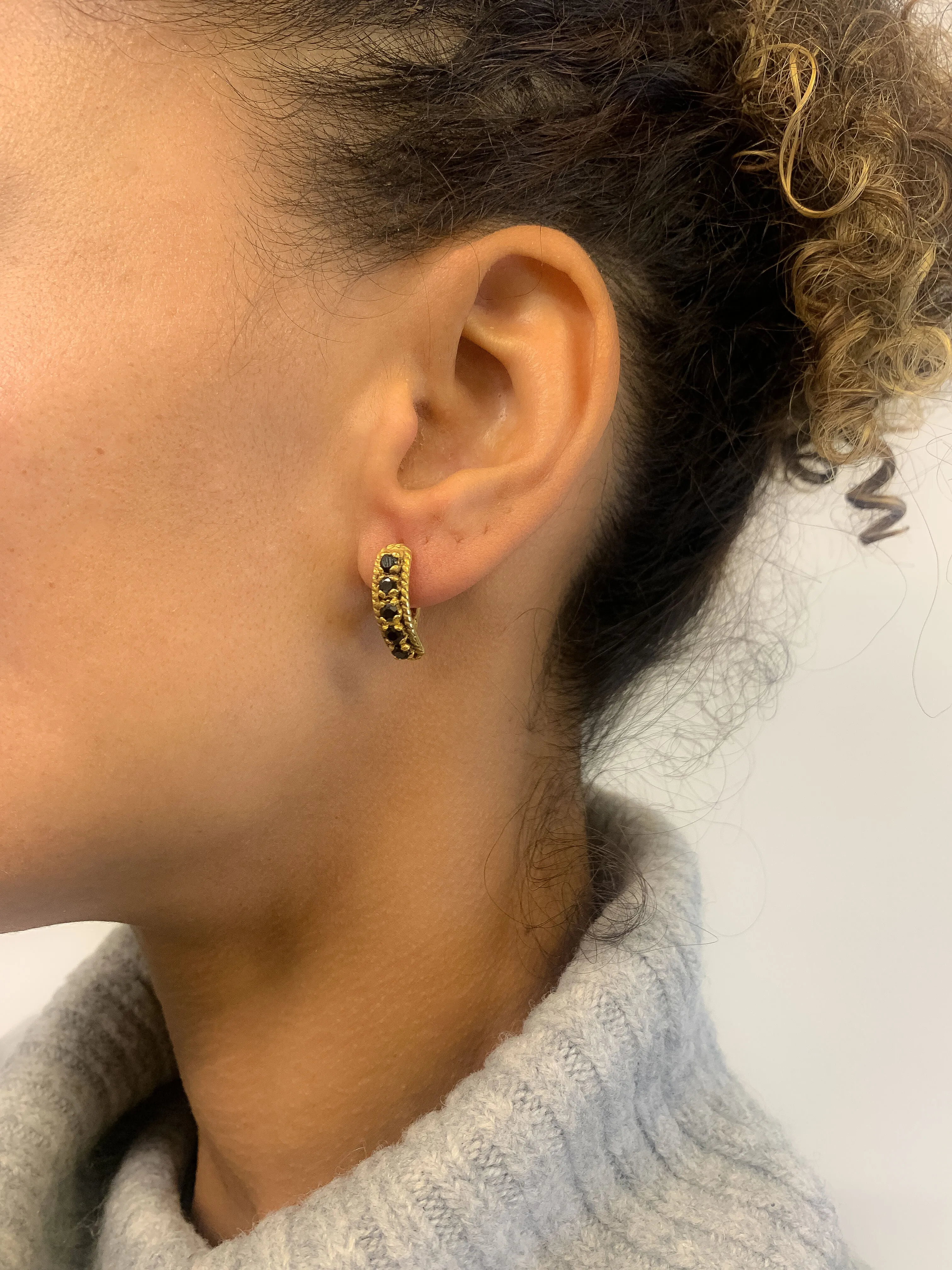 Gold Onyx Hoops - Black Half Hoops - Gold Vintage Earrings