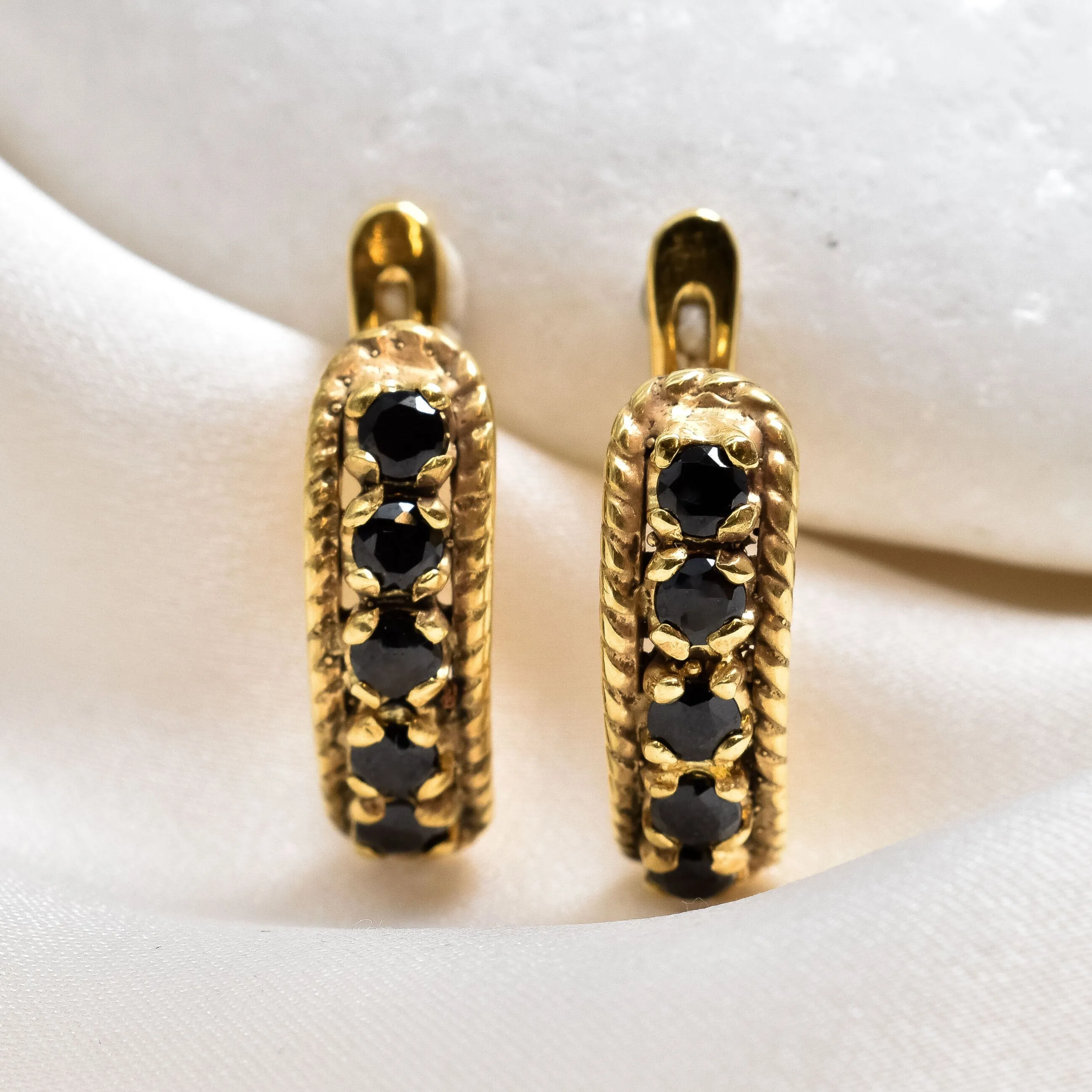 Gold Onyx Hoops - Black Half Hoops - Gold Vintage Earrings