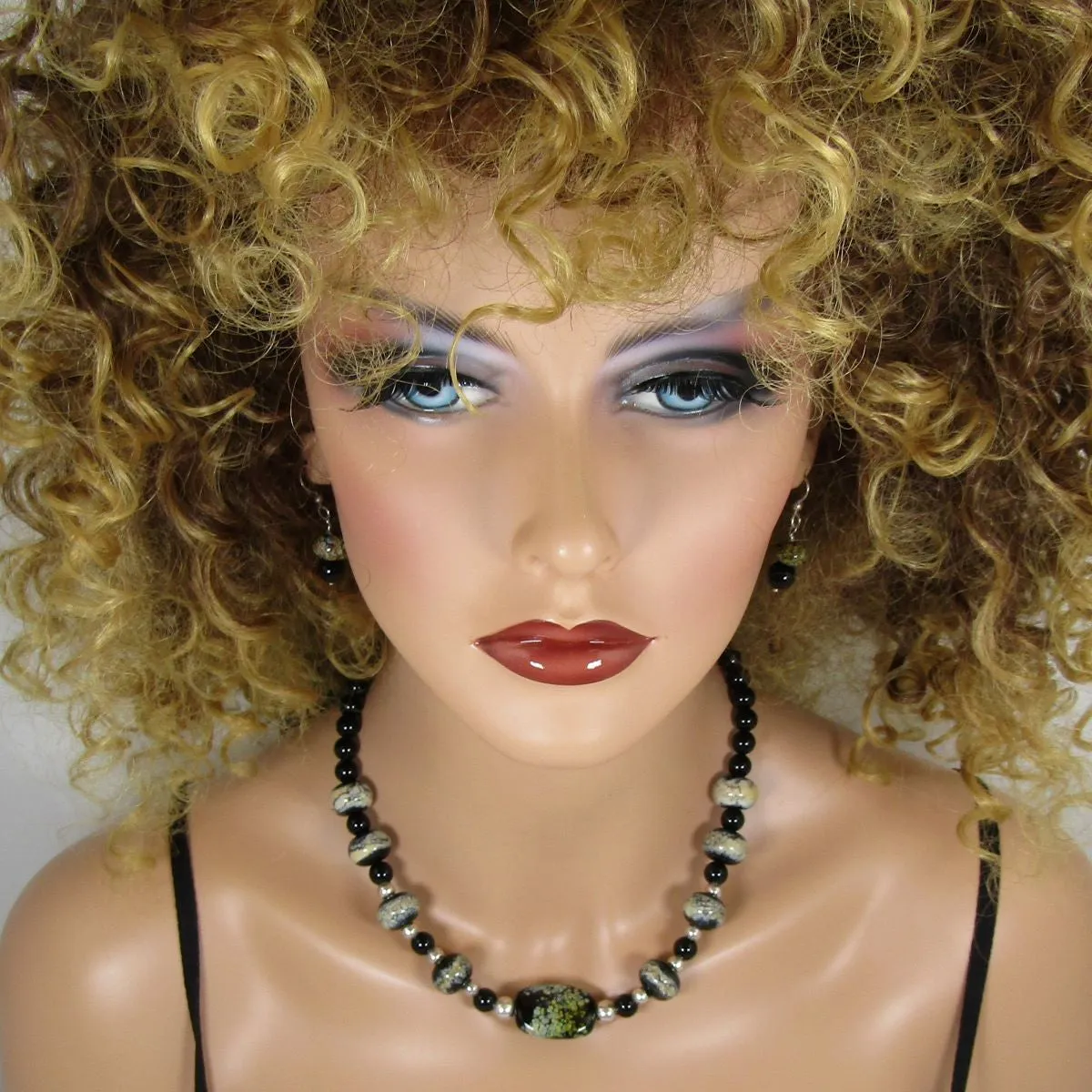 Handmade Black Artisan Lampwork and Onyx Necklace & Earrings
