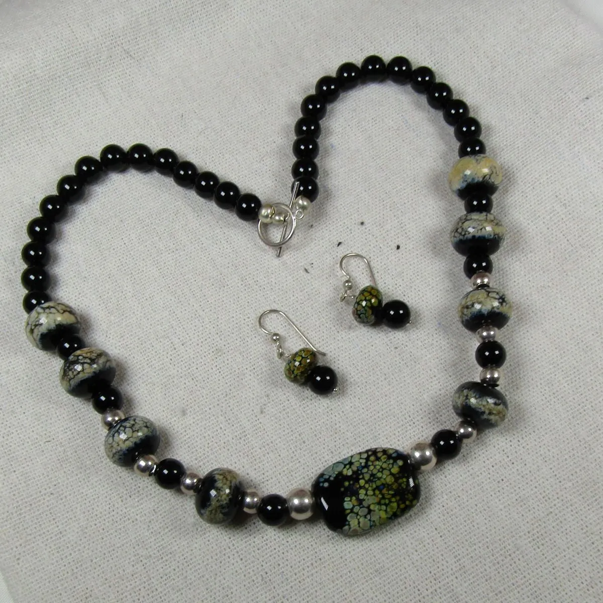 Handmade Black Artisan Lampwork and Onyx Necklace & Earrings