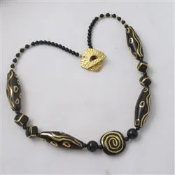 Handmade Kazuri Necklace in Black Coins and  Onyx