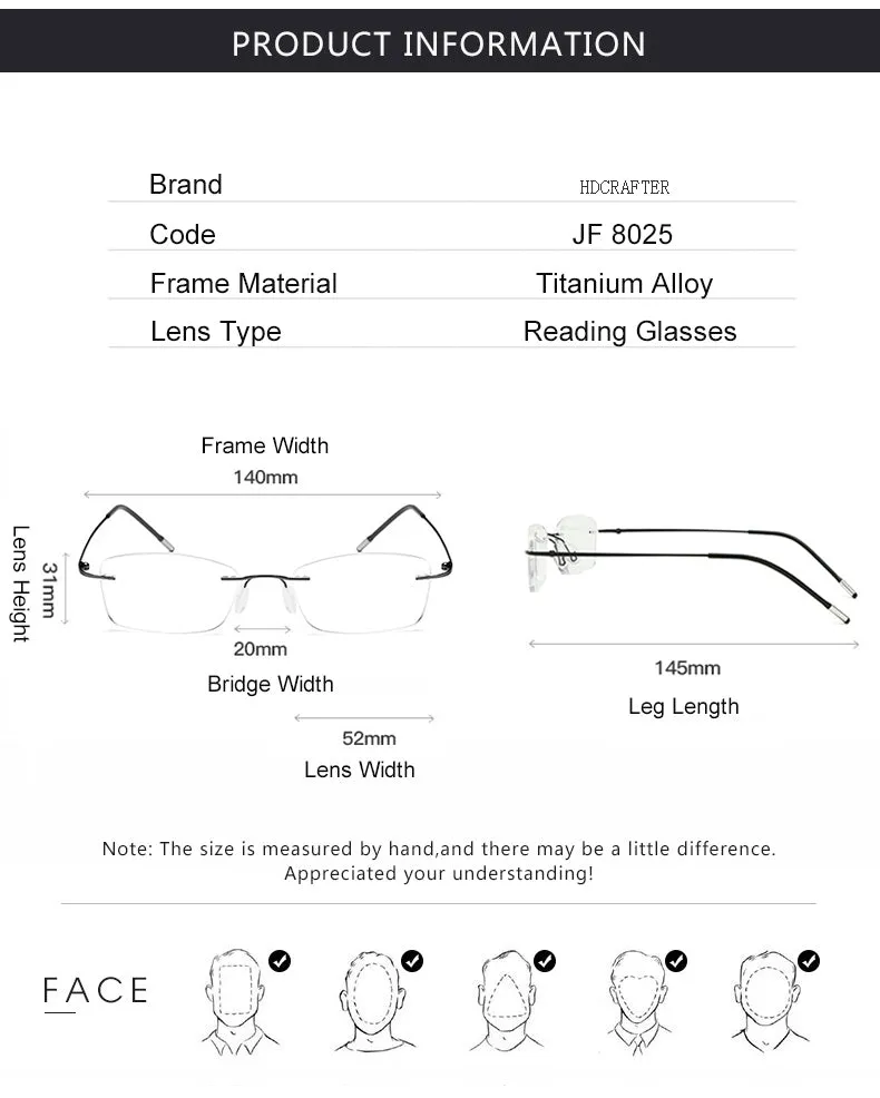 Hdcrafter Unisex Rimless Rectangle Titanium Frame Reading Glasses 8025