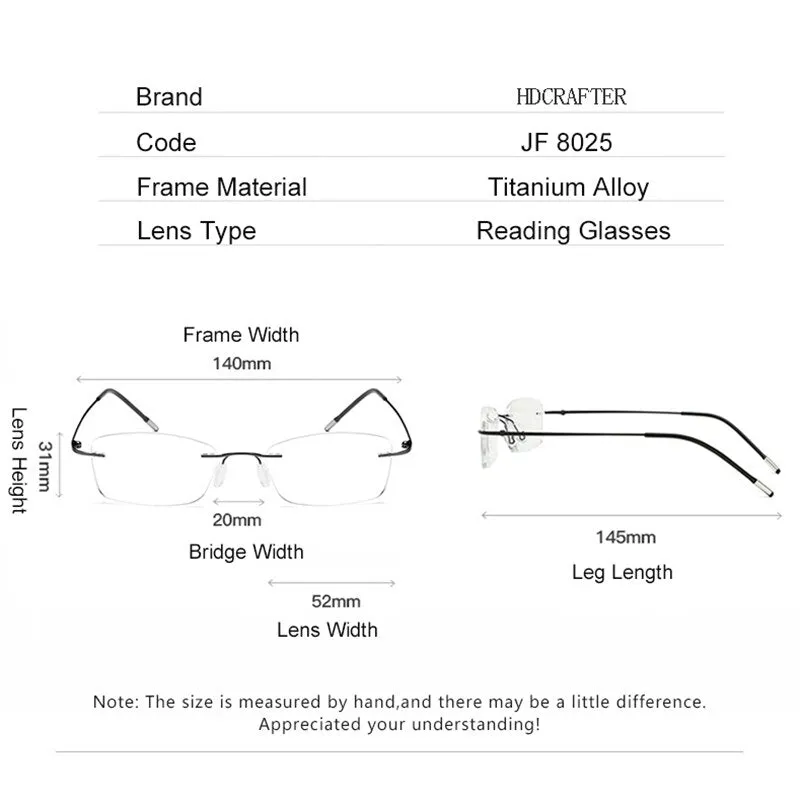 Hdcrafter Unisex Rimless Rectangle Titanium Frame Reading Glasses 8025