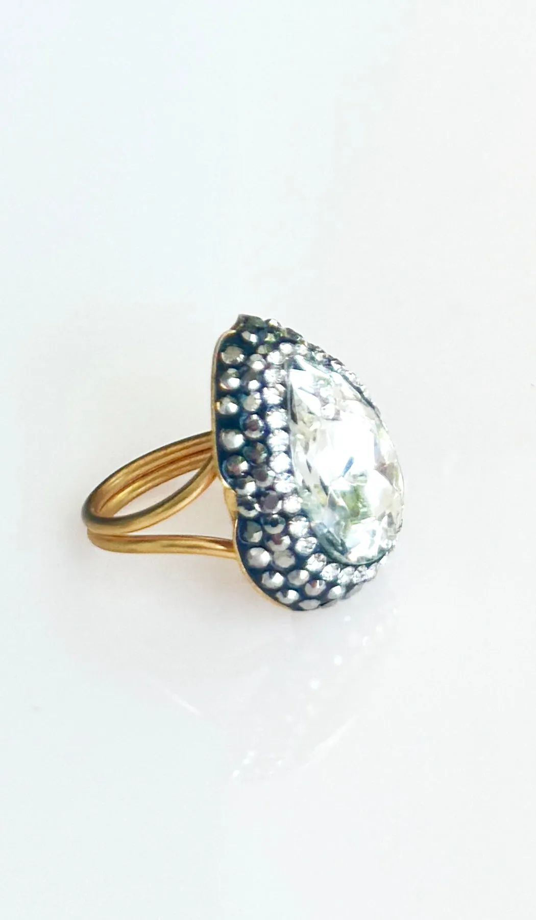 Jeweled Clear and Smoky Crystal Teardrop Cocktail Ring