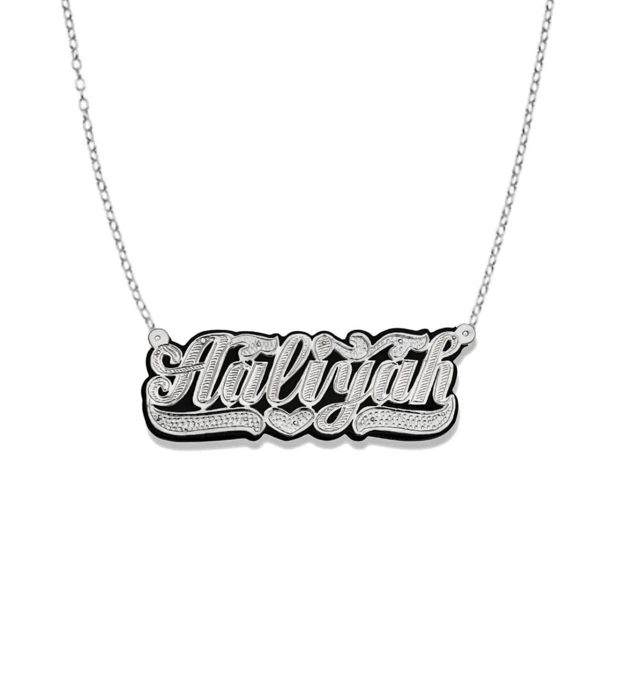 Large Black Onyx Script 925 Sterling Silver Nameplate Necklace