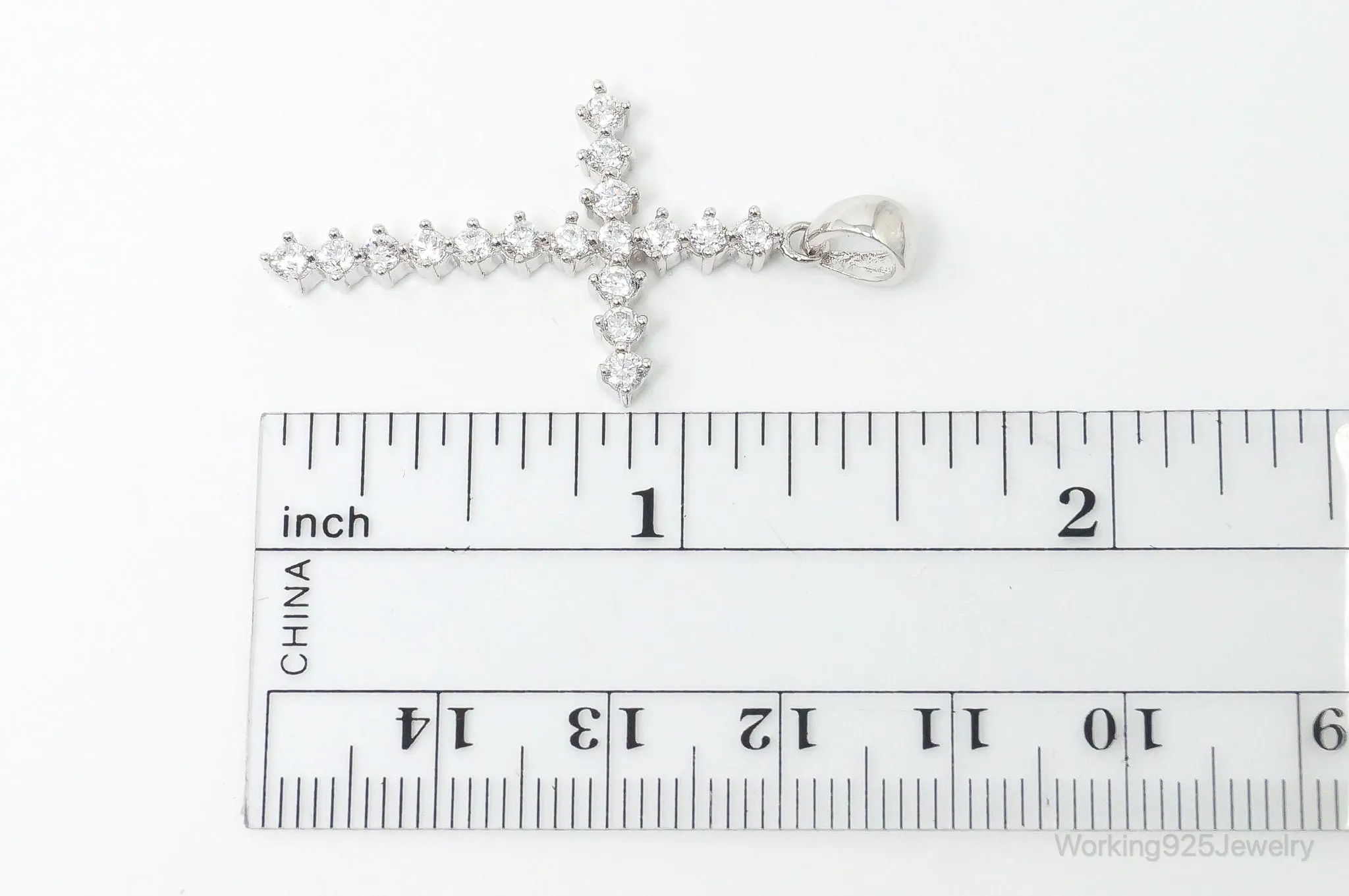 Large Vintage Cubic Zirconia Cross Sterling Silver Necklace Pendant