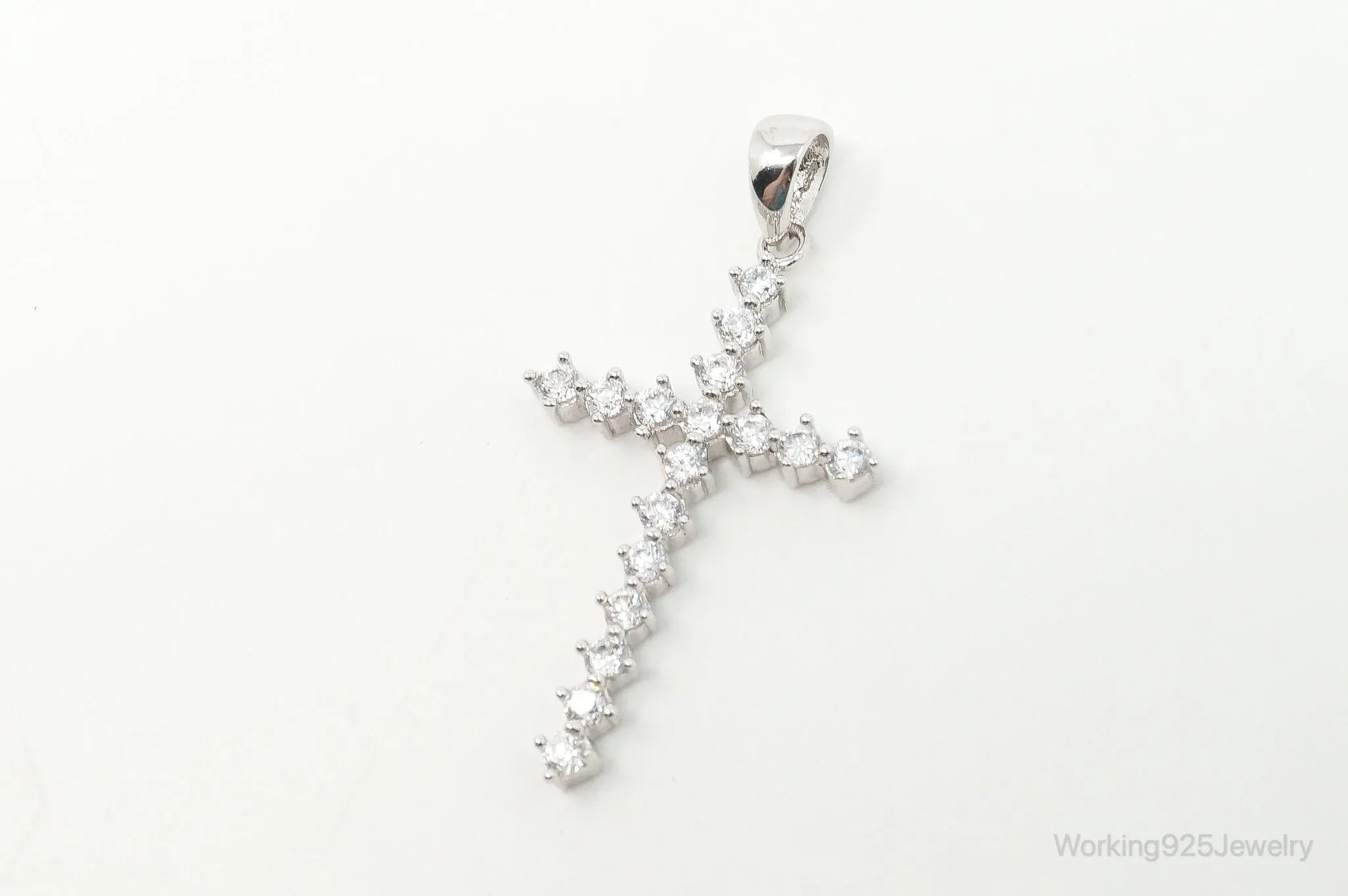 Large Vintage Cubic Zirconia Cross Sterling Silver Necklace Pendant