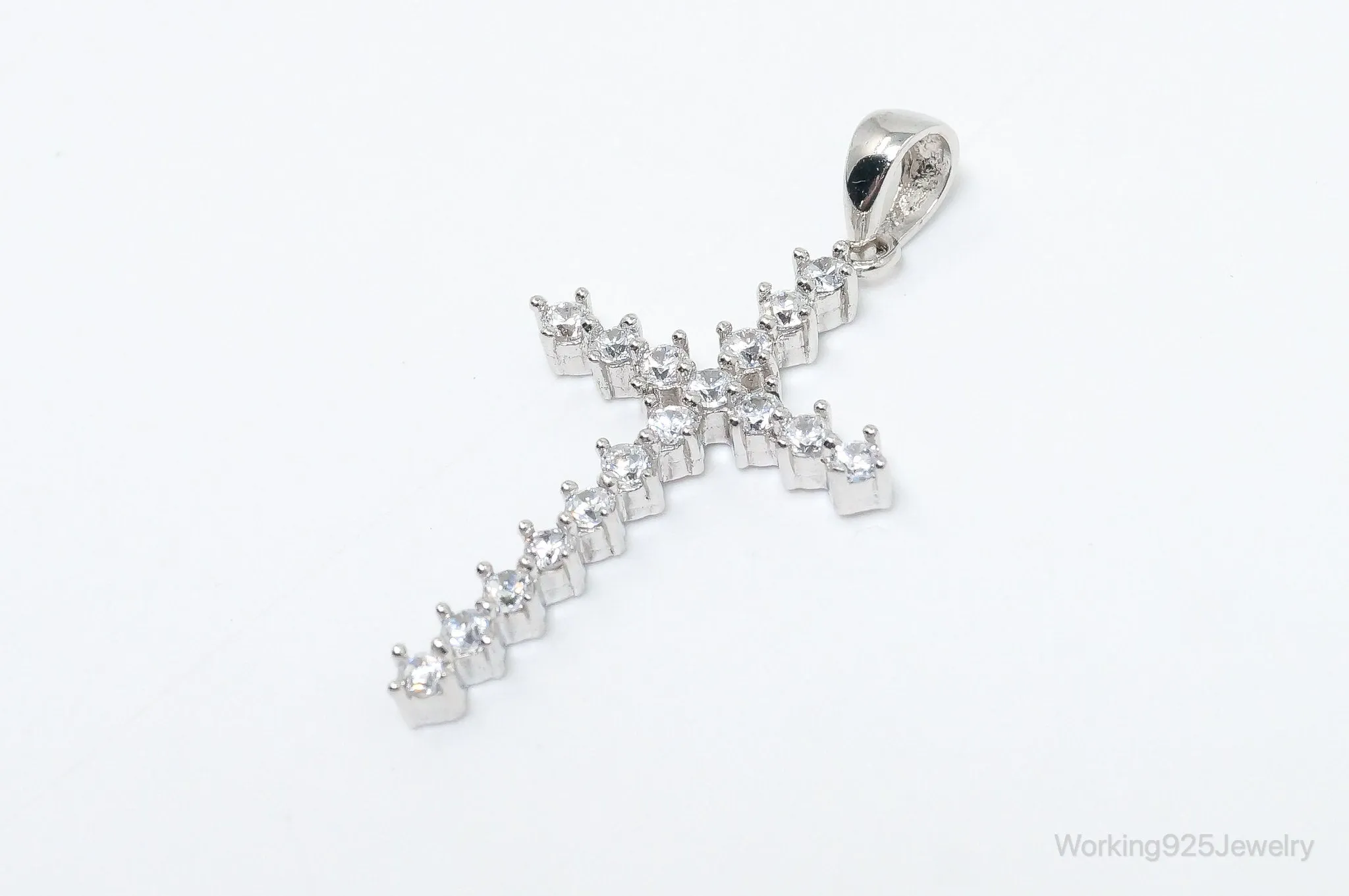 Large Vintage Cubic Zirconia Cross Sterling Silver Necklace Pendant
