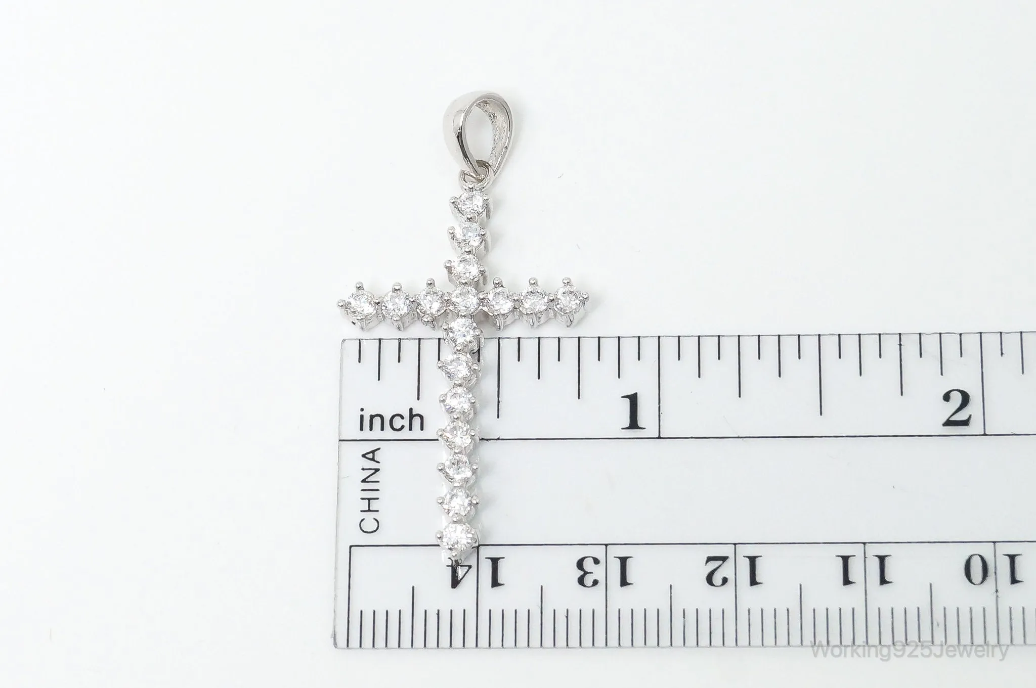 Large Vintage Cubic Zirconia Cross Sterling Silver Necklace Pendant