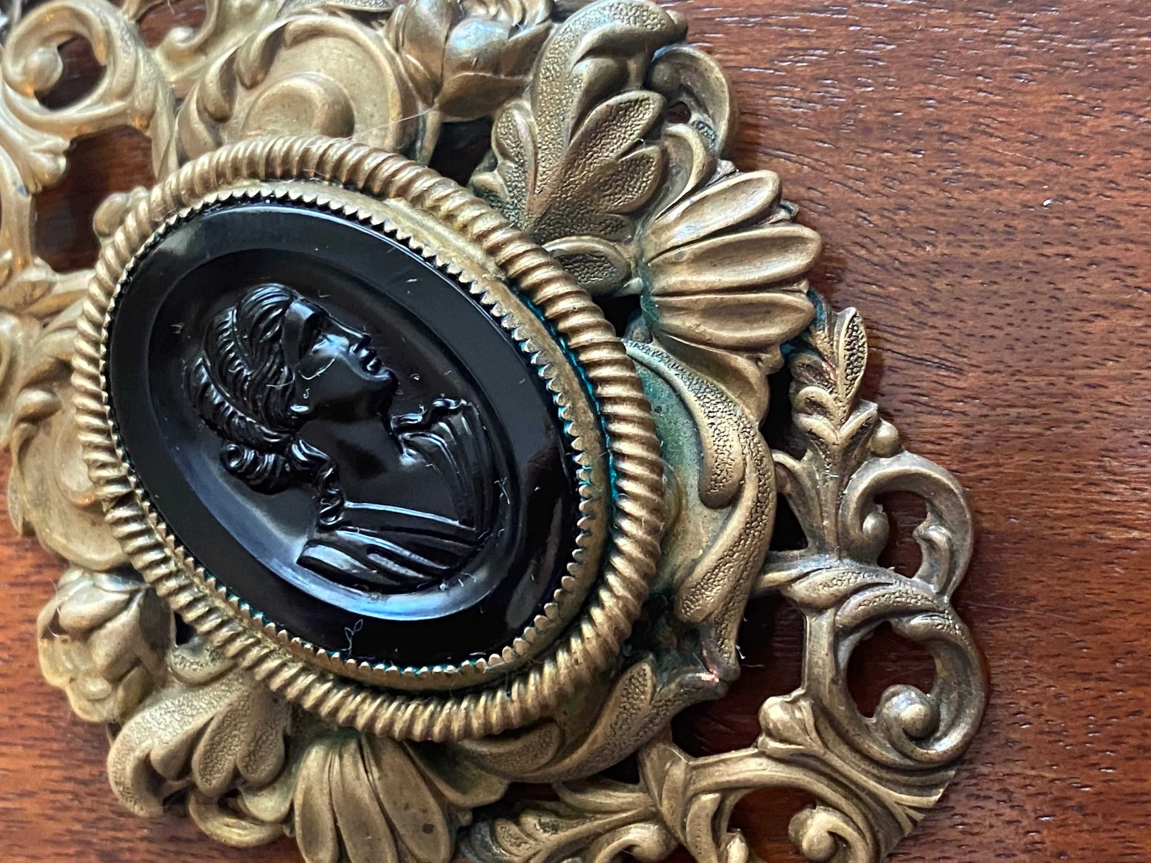 Large Vintage Victorian Revival Black Intaglio Brass Pendant Necklace