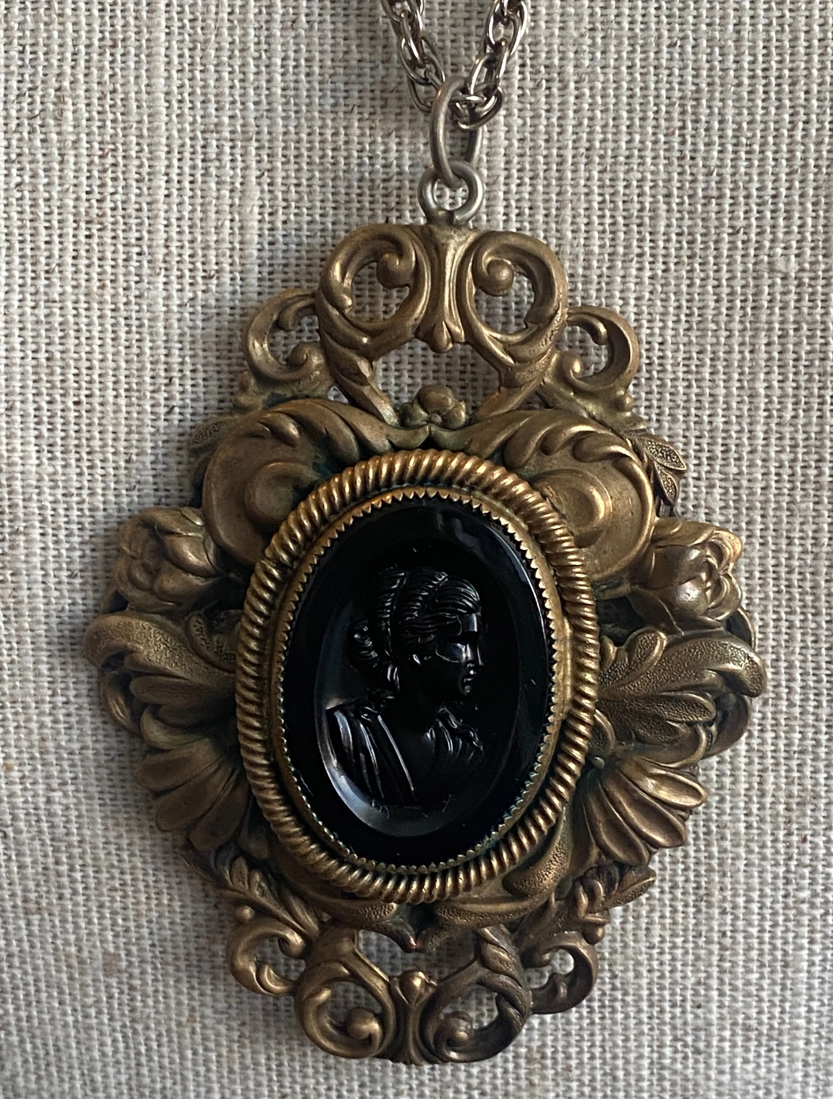 Large Vintage Victorian Revival Black Intaglio Brass Pendant Necklace