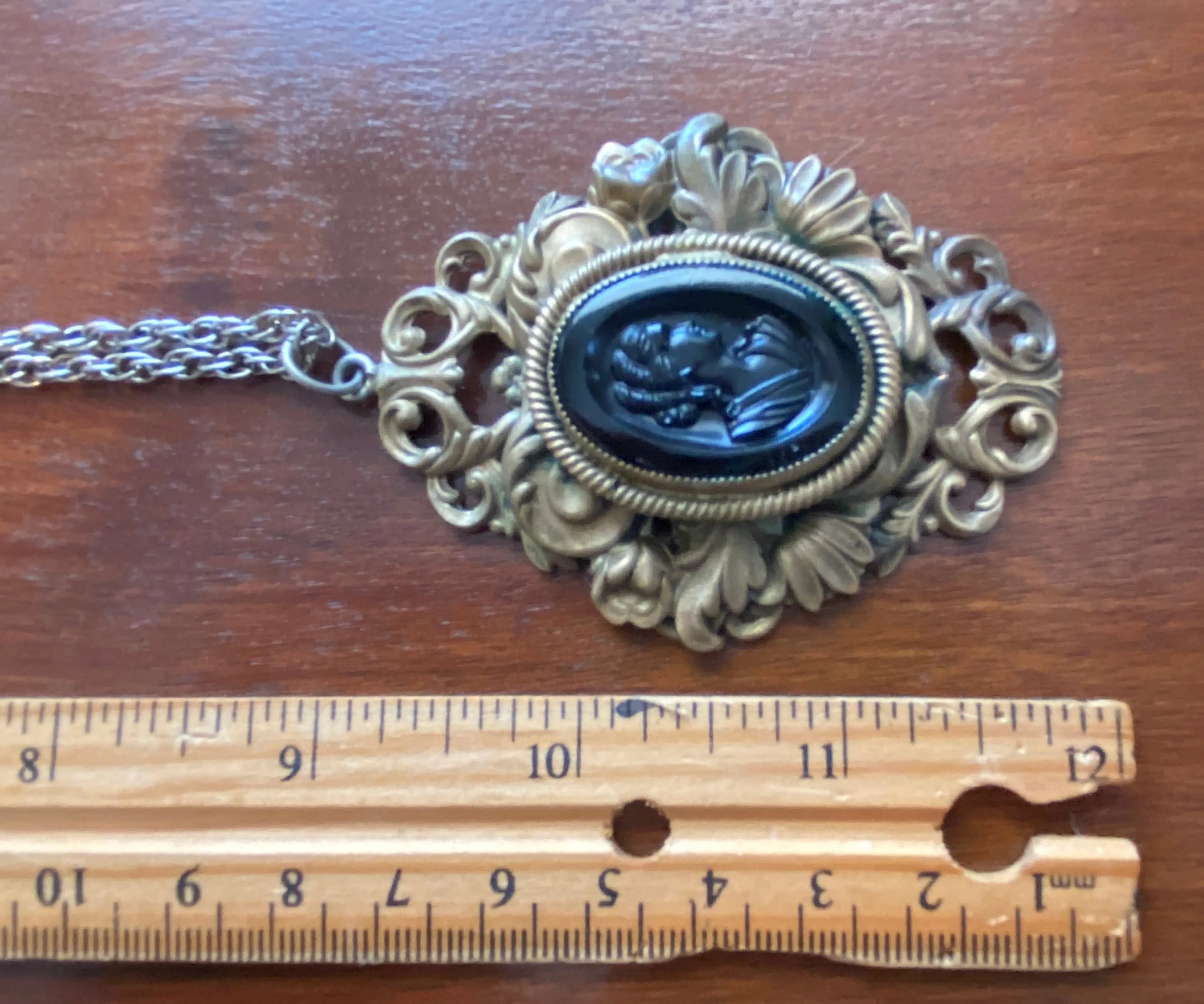 Large Vintage Victorian Revival Black Intaglio Brass Pendant Necklace