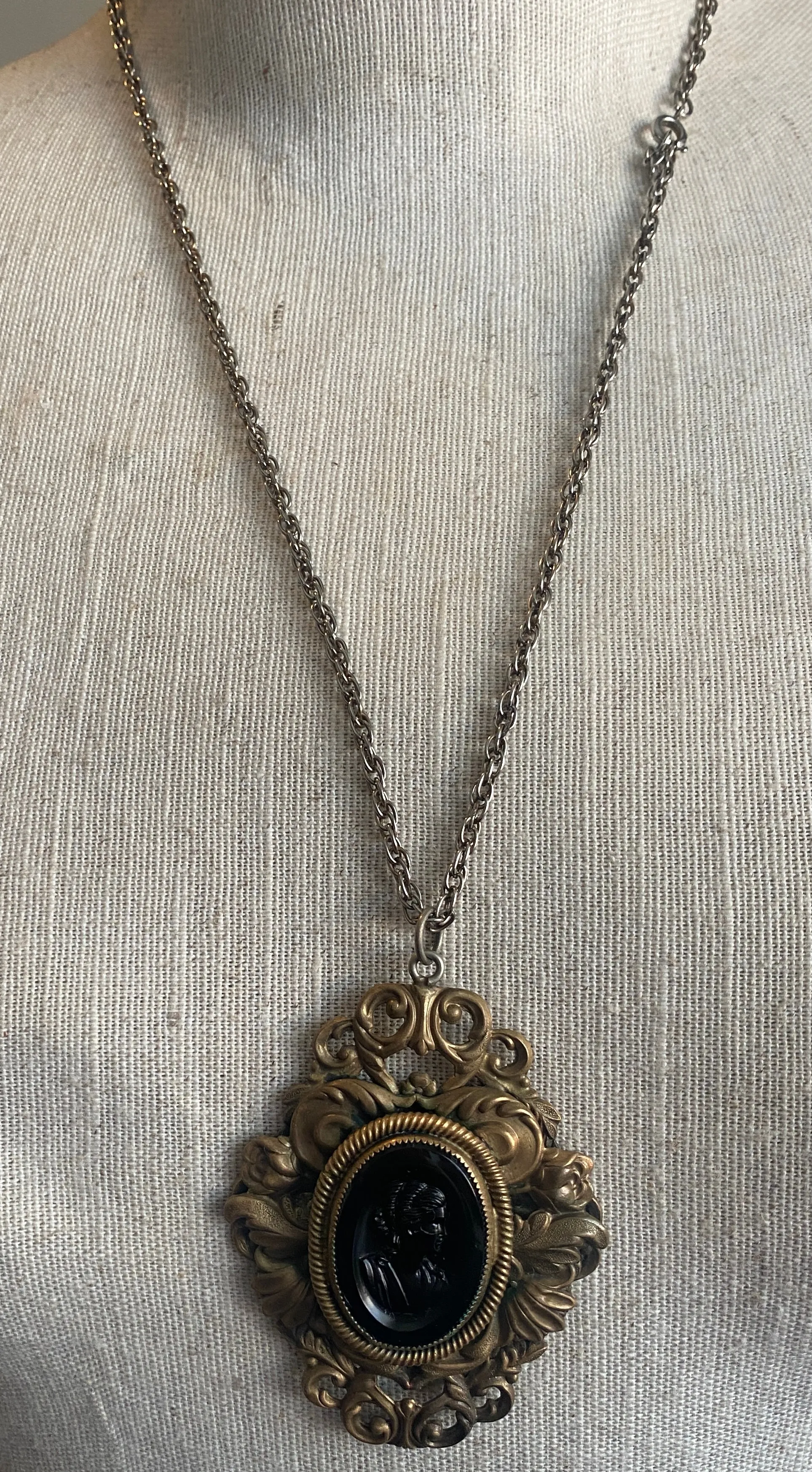 Large Vintage Victorian Revival Black Intaglio Brass Pendant Necklace