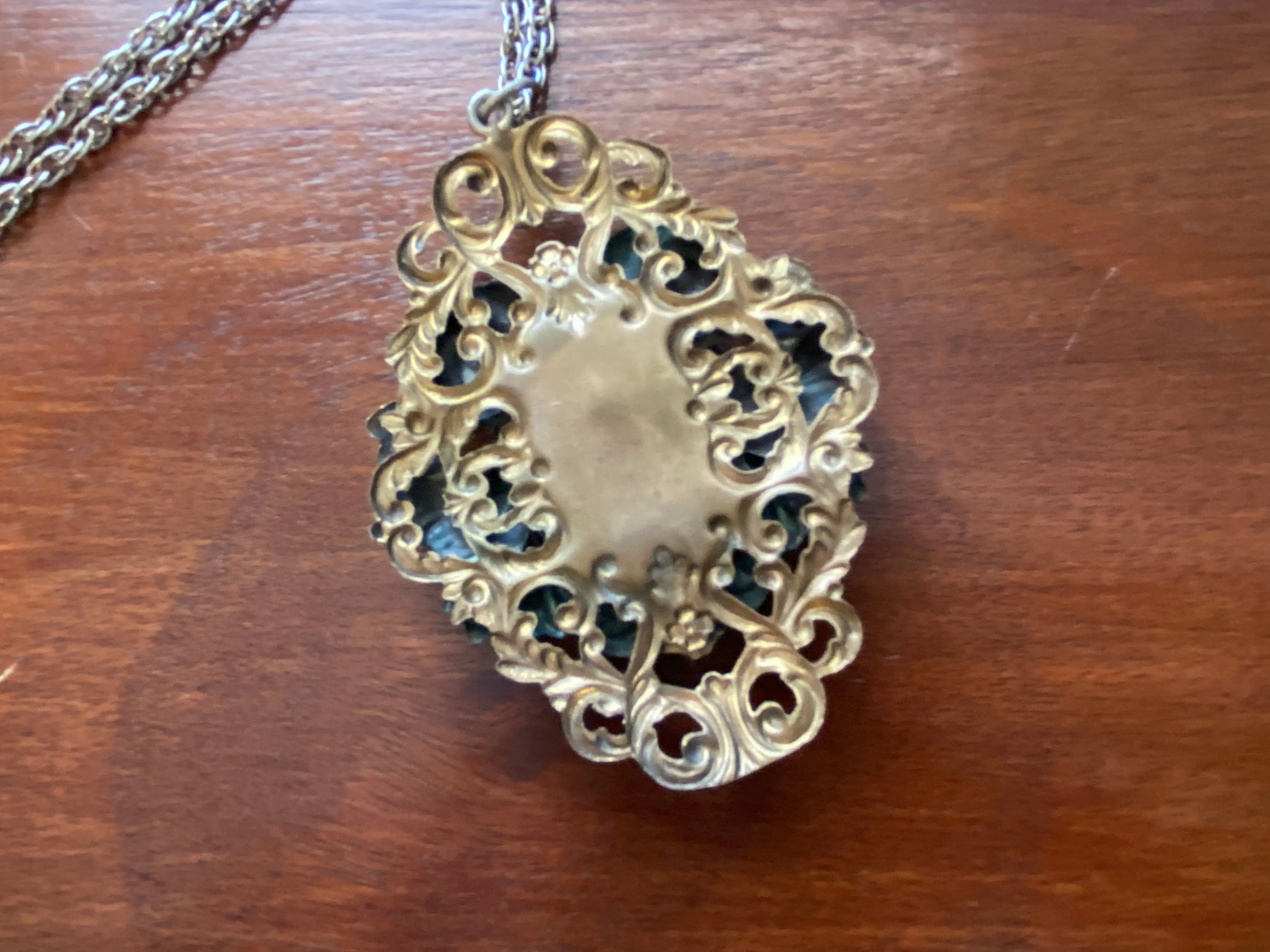 Large Vintage Victorian Revival Black Intaglio Brass Pendant Necklace