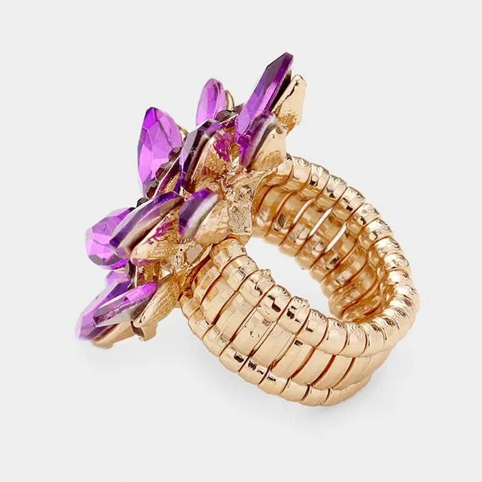Marquise Purple Crystal Cluster Gold Stretch Ring
