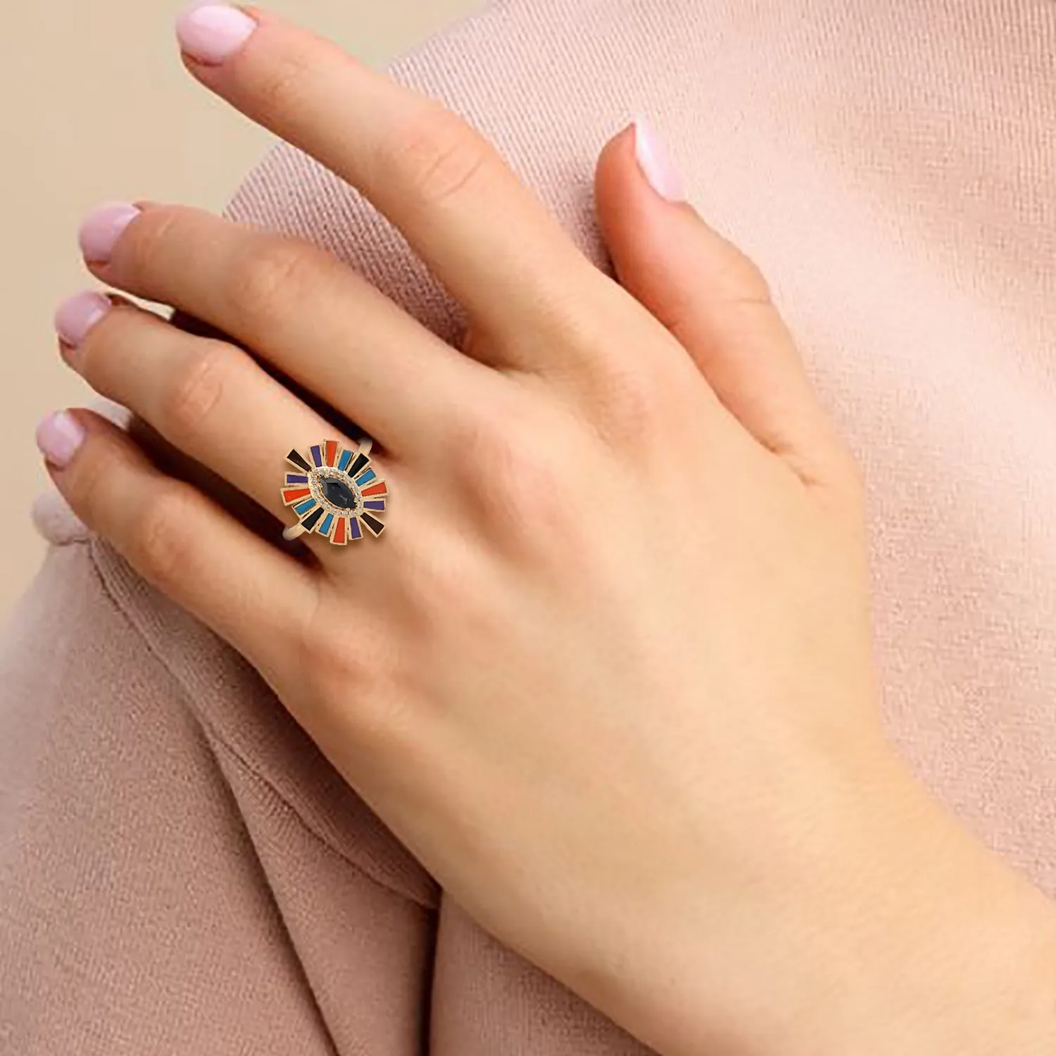 Marquise Sapphire Pave Diamond Enamel Cocktail Ring Jewelry in 18k Yellow gold