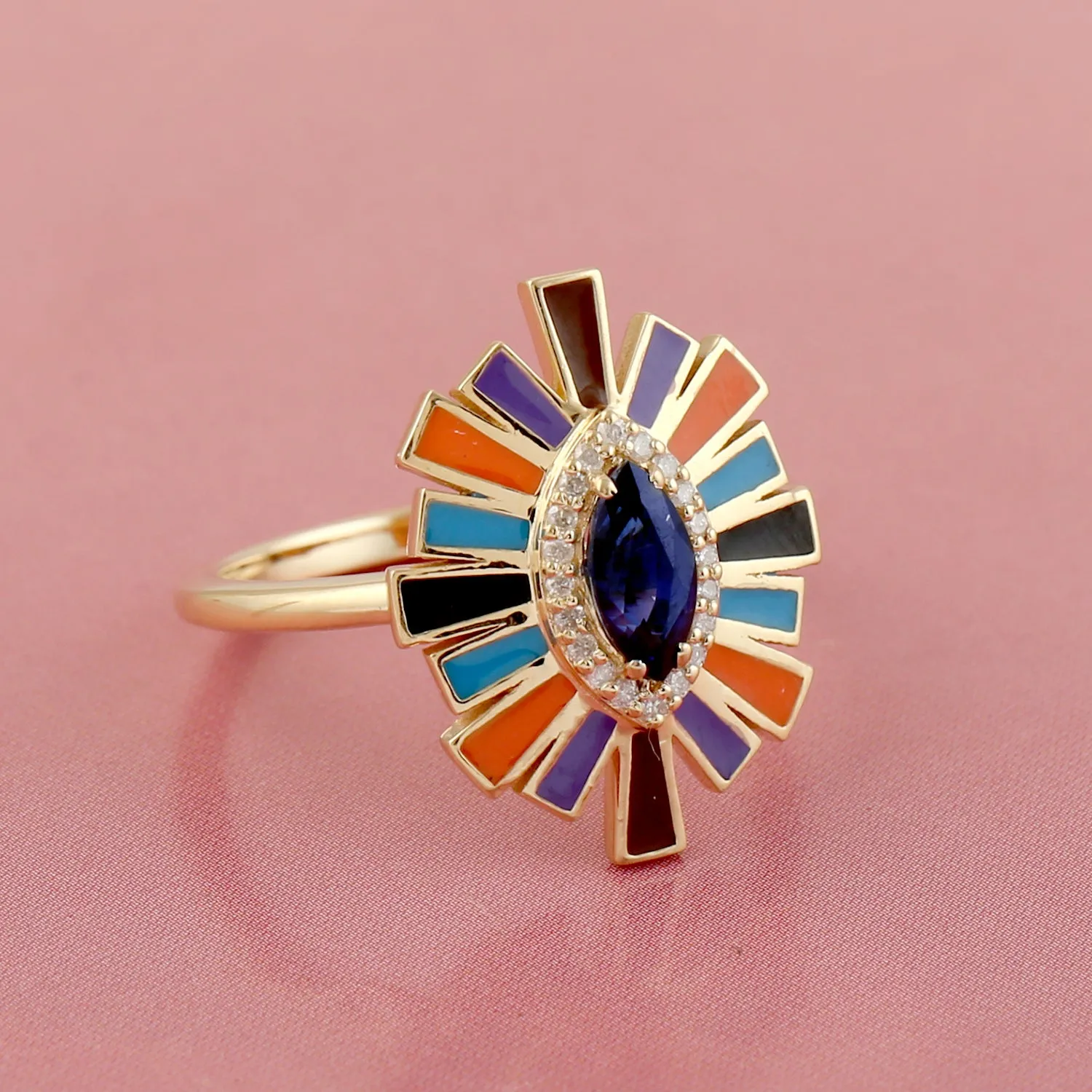 Marquise Sapphire Pave Diamond Enamel Cocktail Ring Jewelry in 18k Yellow gold