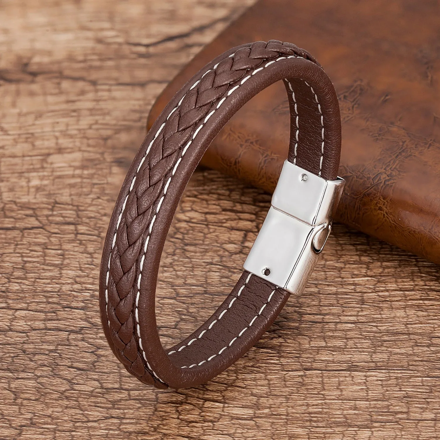 Men's Punk Braided Leather Magnetic Clasp Bracelet