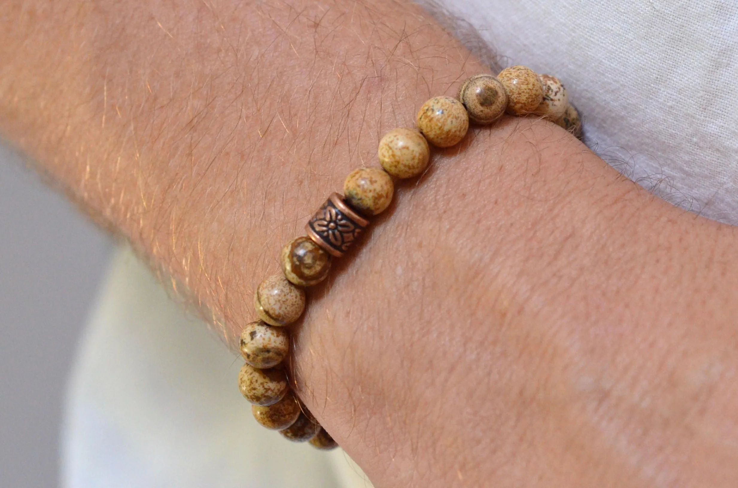 Mens Tan Brown Beaded Stone Jasper Stretch Bracelet - Conor