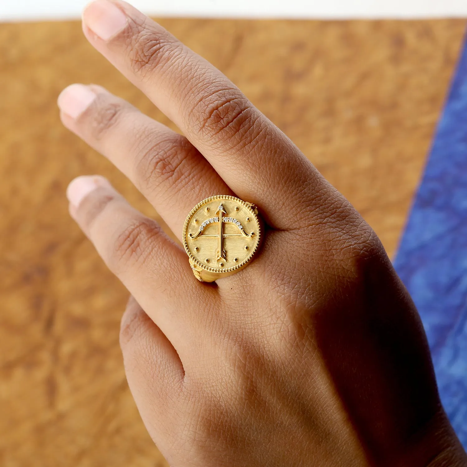 Micro Pave Diamond Sagittarius Zodiac Charm Signet 14k Yellow Gold Gift