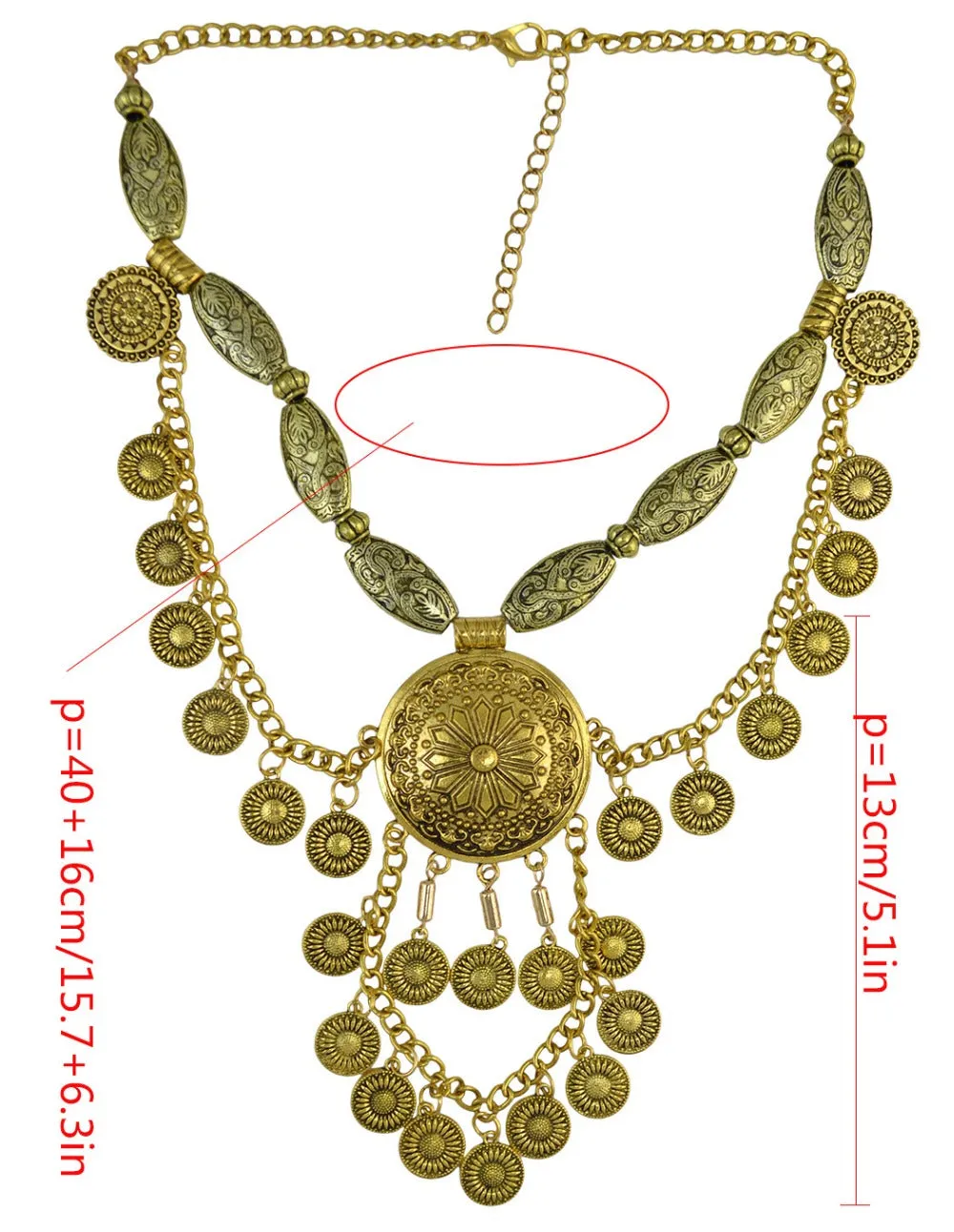 Moon's Vengeance Necklace Gypsy Silver Coins Mandala Center Thick Carved Oval Beads Festival Statement Bib Necklace Turkish Belly Dancer