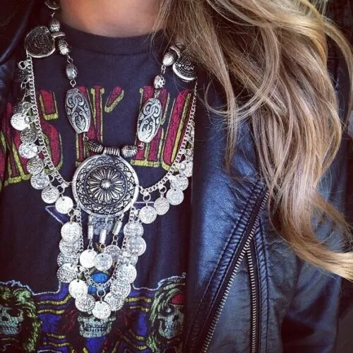 Moon's Vengeance Necklace Gypsy Silver Coins Mandala Center Thick Carved Oval Beads Festival Statement Bib Necklace Turkish Belly Dancer