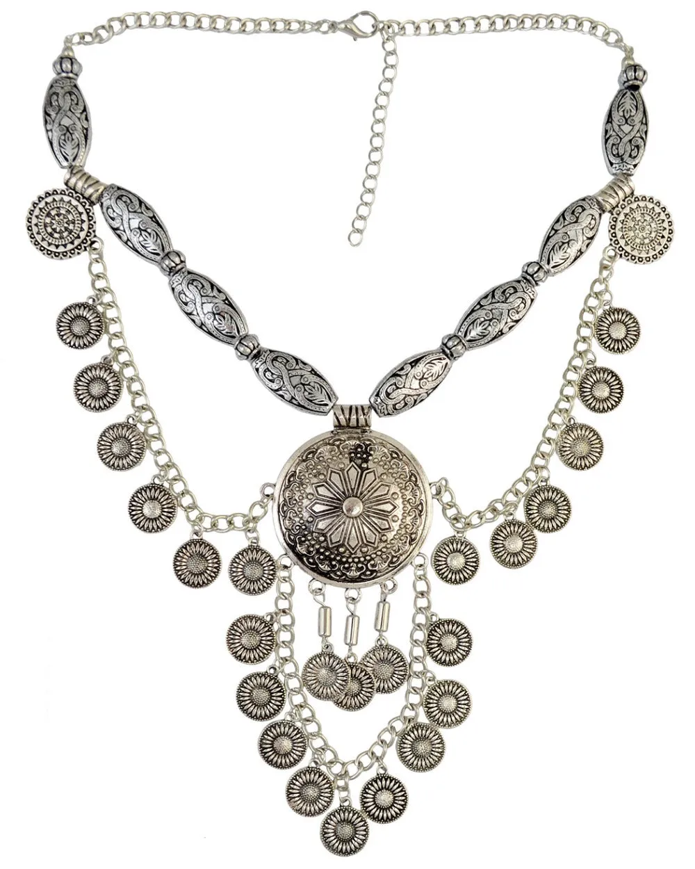 Moon's Vengeance Necklace Gypsy Silver Coins Mandala Center Thick Carved Oval Beads Festival Statement Bib Necklace Turkish Belly Dancer