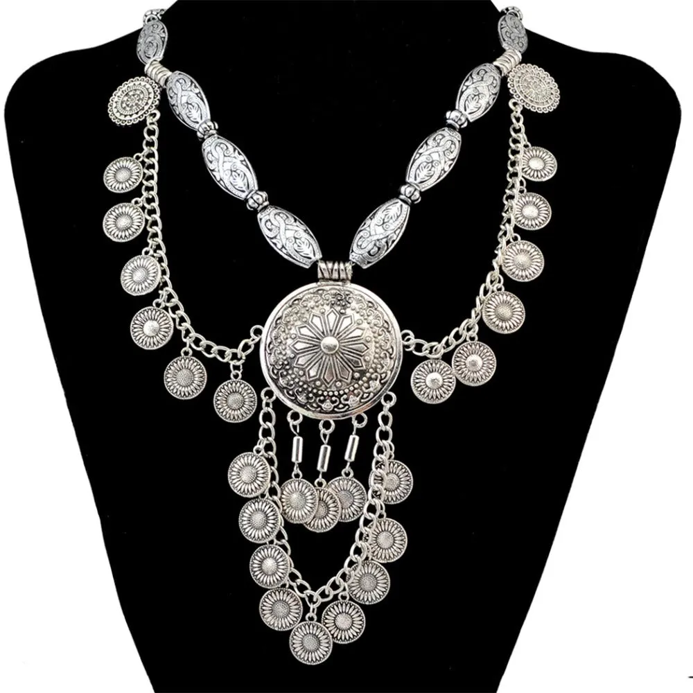 Moon's Vengeance Necklace Gypsy Silver Coins Mandala Center Thick Carved Oval Beads Festival Statement Bib Necklace Turkish Belly Dancer