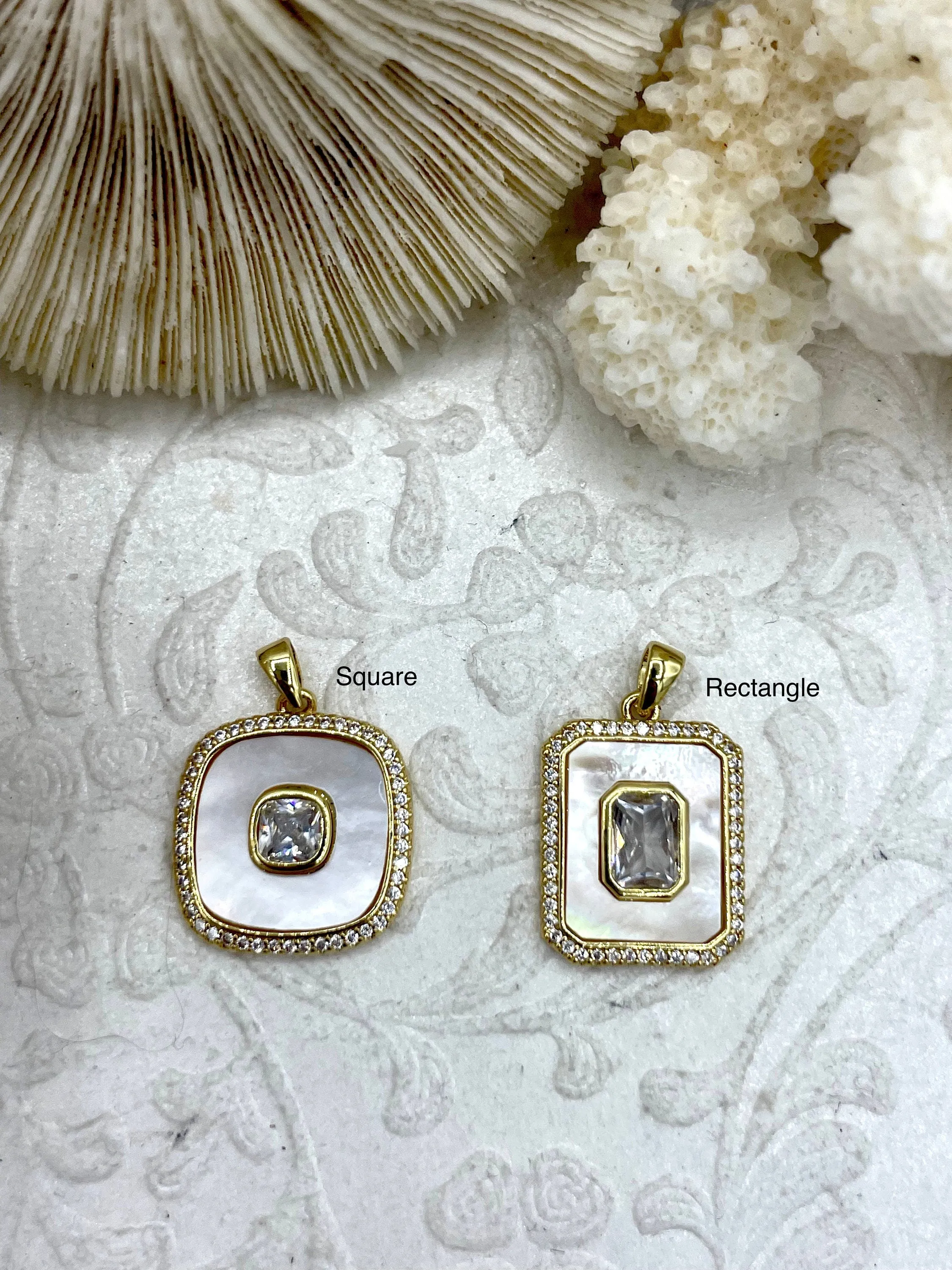 Mother of Pearl Pendants with CZ, Mother of Pearl Square or Rectangle CZ Charm Cubic Zirconia, Brass and Mother of Pearl, 2 style Fast Ship
