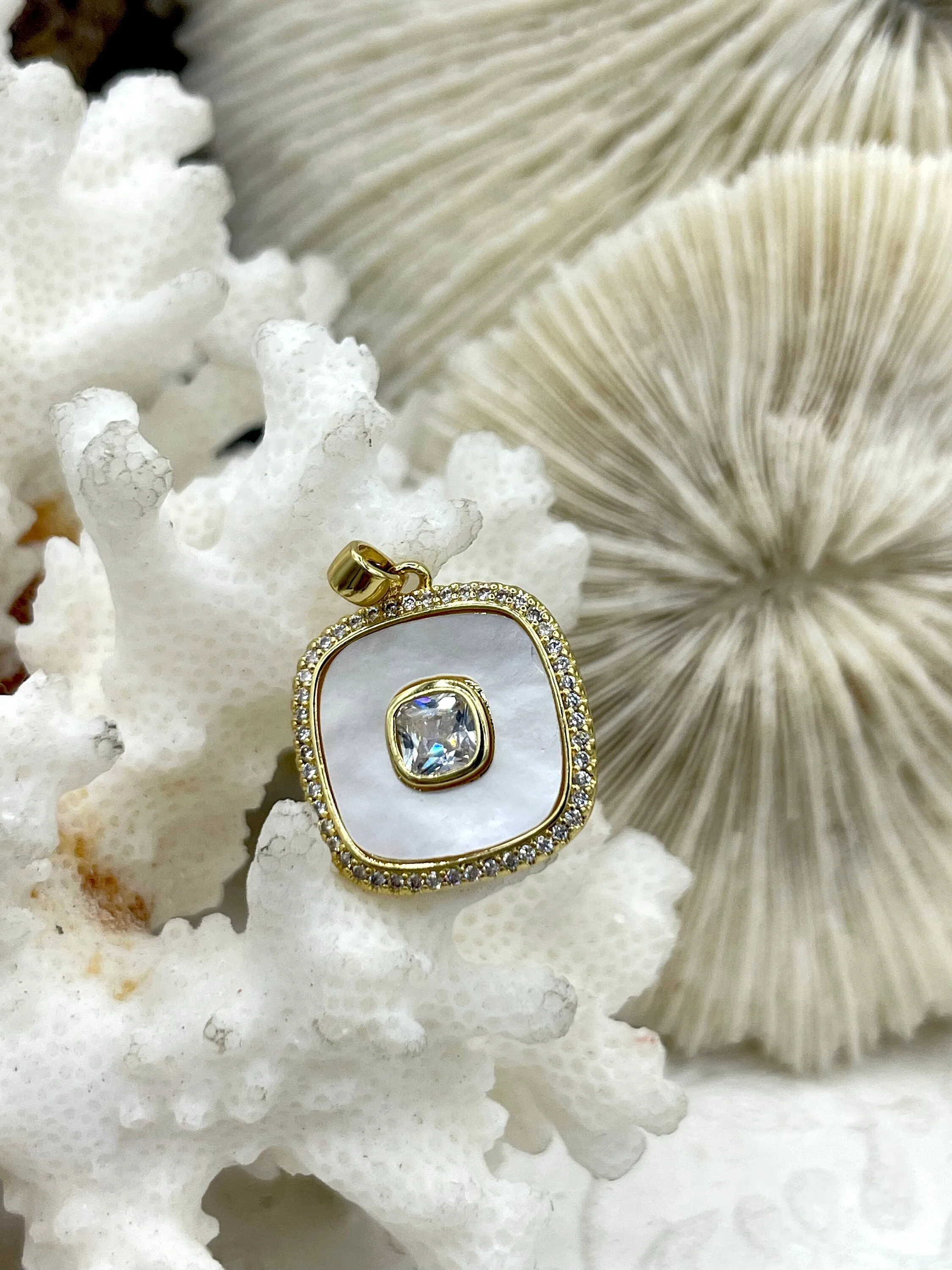 Mother of Pearl Pendants with CZ, Mother of Pearl Square or Rectangle CZ Charm Cubic Zirconia, Brass and Mother of Pearl, 2 style Fast Ship