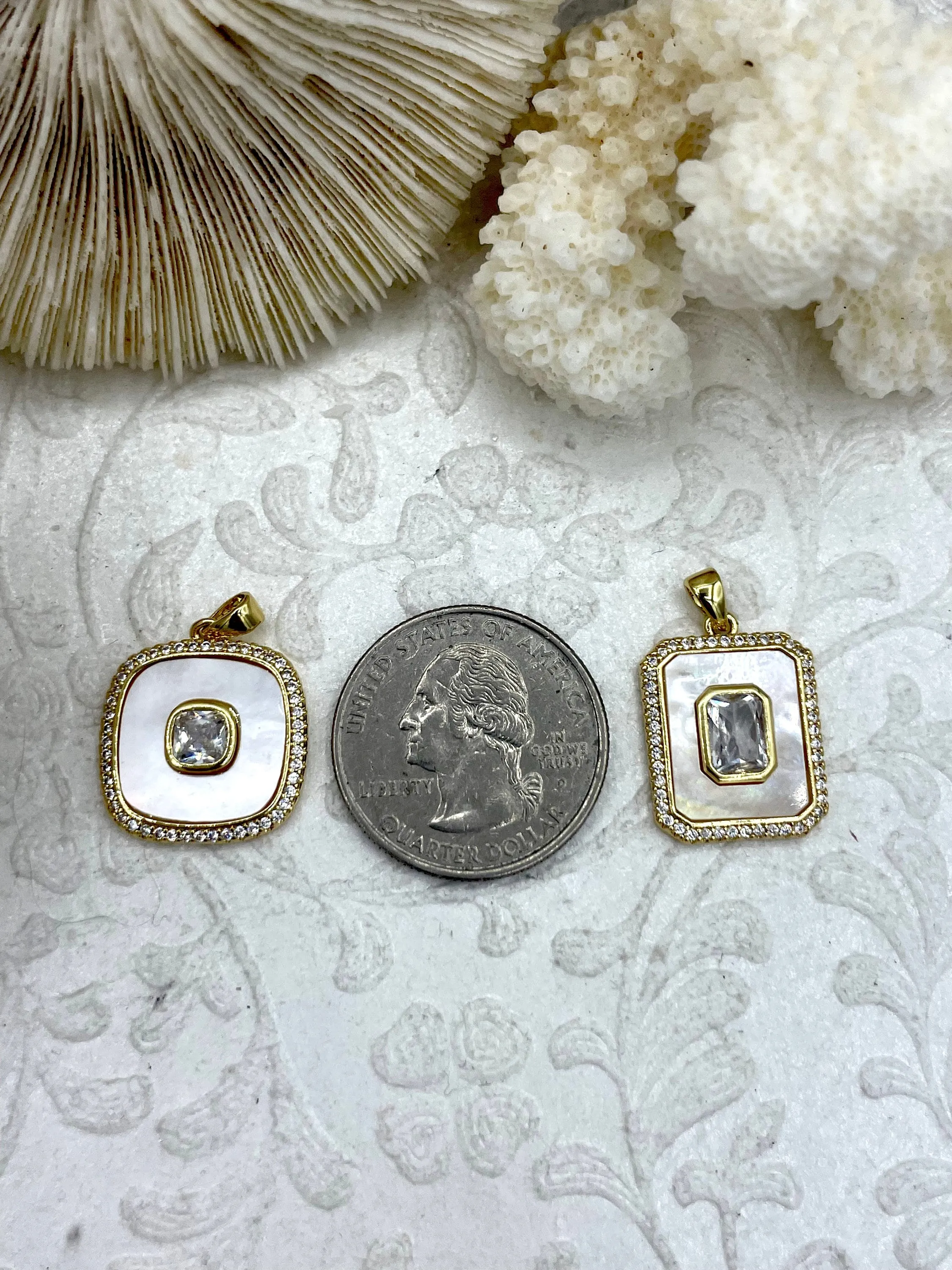 Mother of Pearl Pendants with CZ, Mother of Pearl Square or Rectangle CZ Charm Cubic Zirconia, Brass and Mother of Pearl, 2 style Fast Ship
