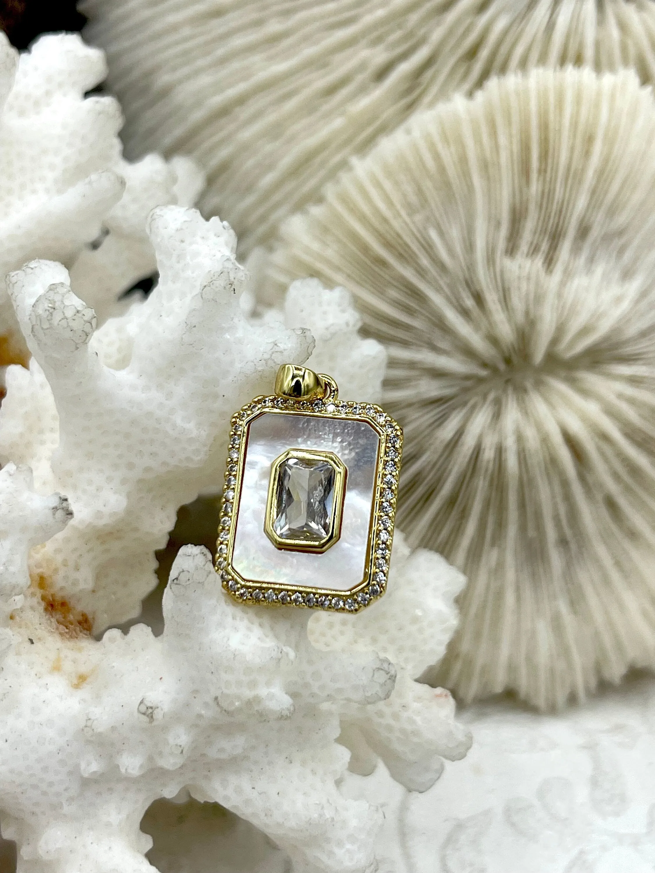 Mother of Pearl Pendants with CZ, Mother of Pearl Square or Rectangle CZ Charm Cubic Zirconia, Brass and Mother of Pearl, 2 style Fast Ship