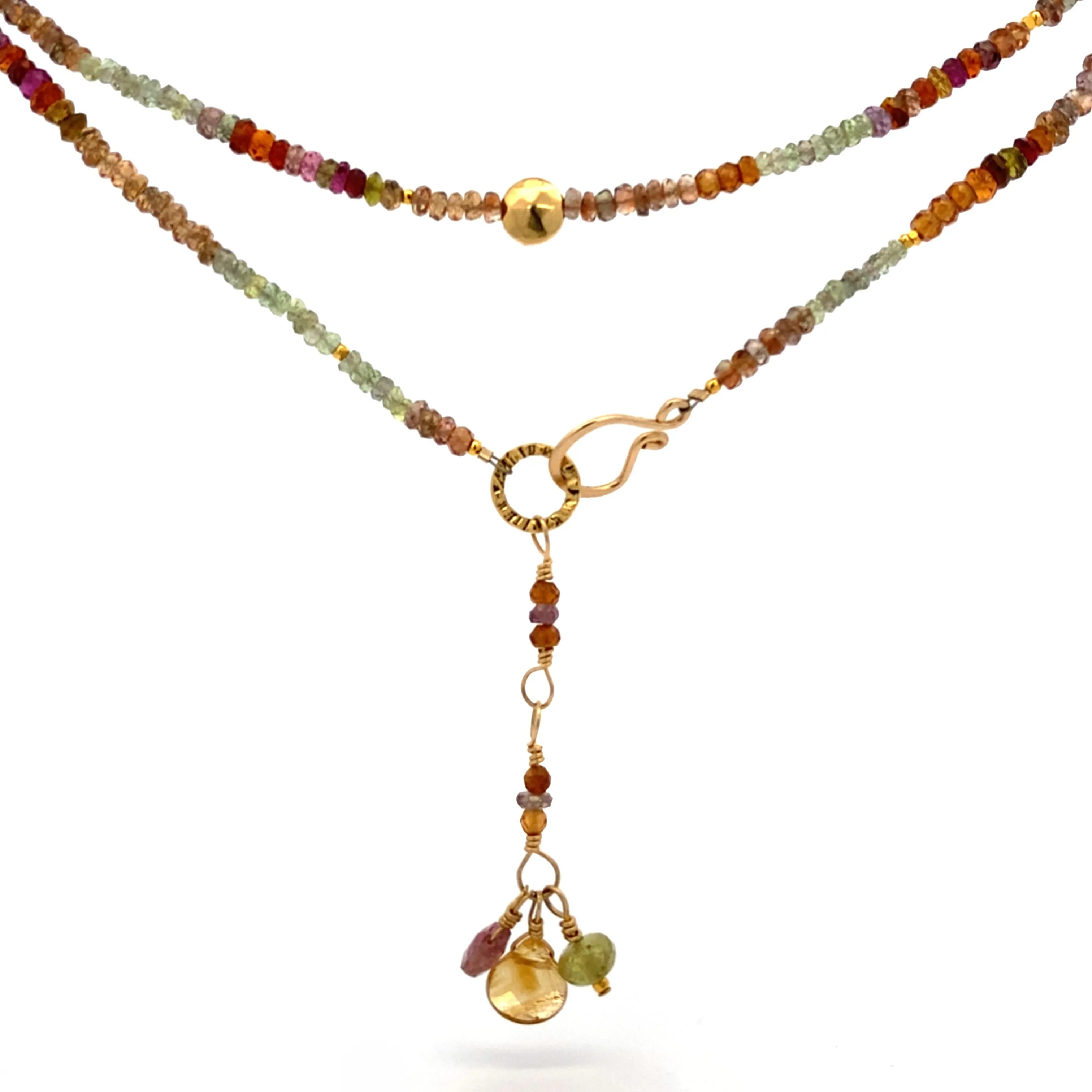 Multi Gemstone Necklace/Wrapped Bracelet with Andalusite, Tourmaline, and Green Sapphire in Gold