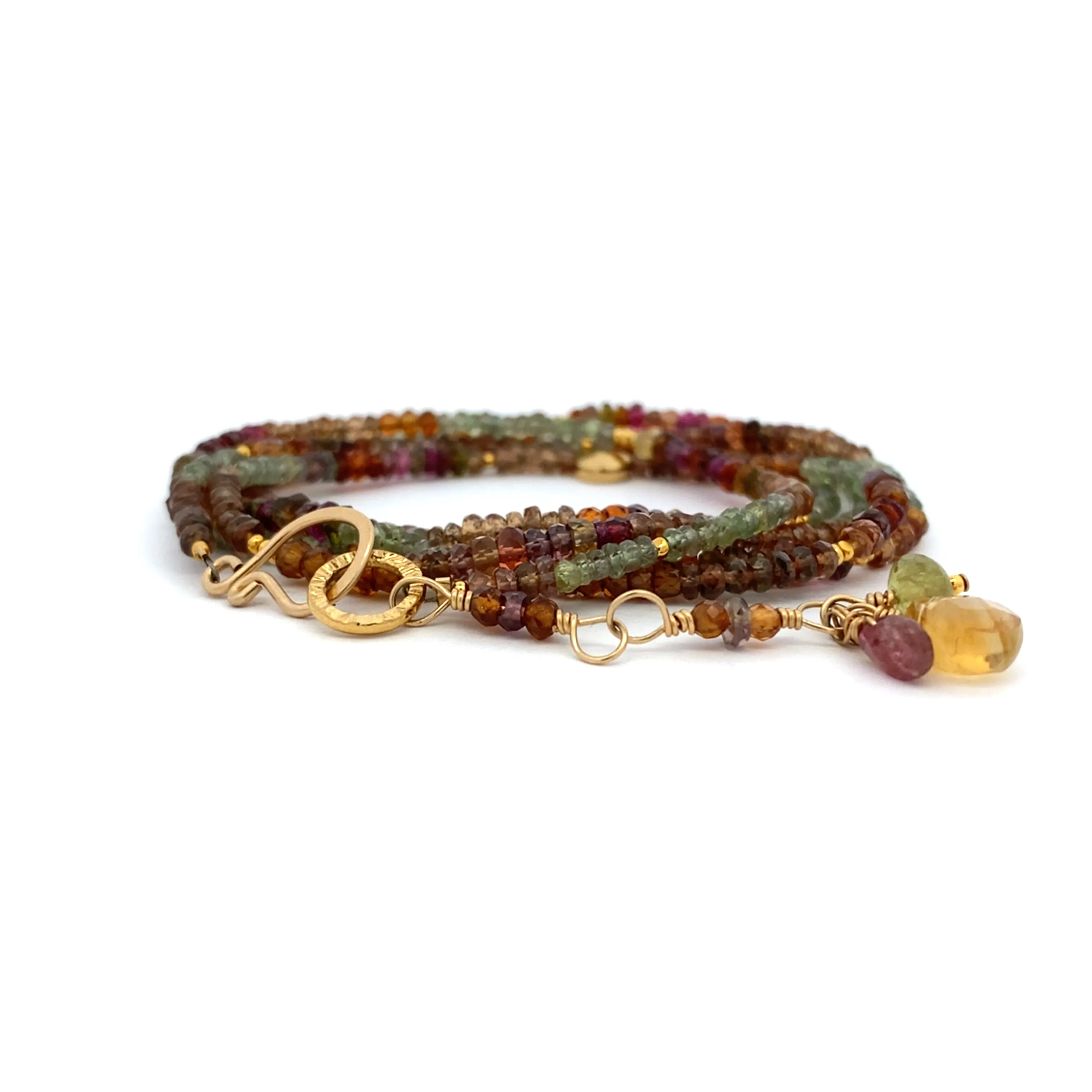 Multi Gemstone Necklace/Wrapped Bracelet with Andalusite, Tourmaline, and Green Sapphire in Gold